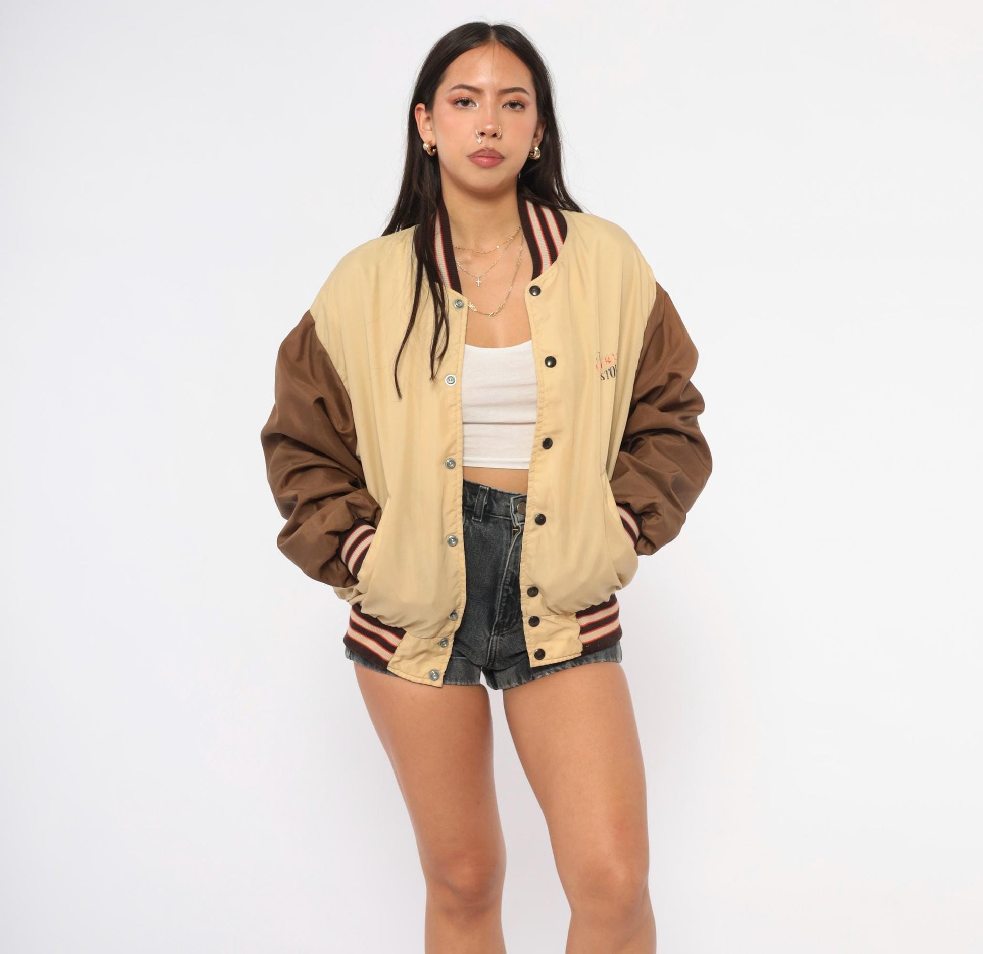 80s DeLong Sportswear Varsity Bomber Tan Brown Striped Nylon Windbreaker Extra Large XL