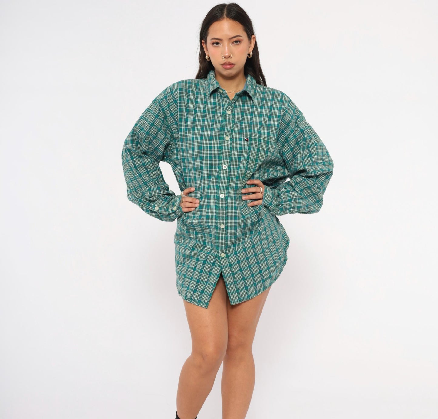 Y2K Tommy Jeans Plaid Flannel Shirt Teal Cotton Button-Up Extra Large