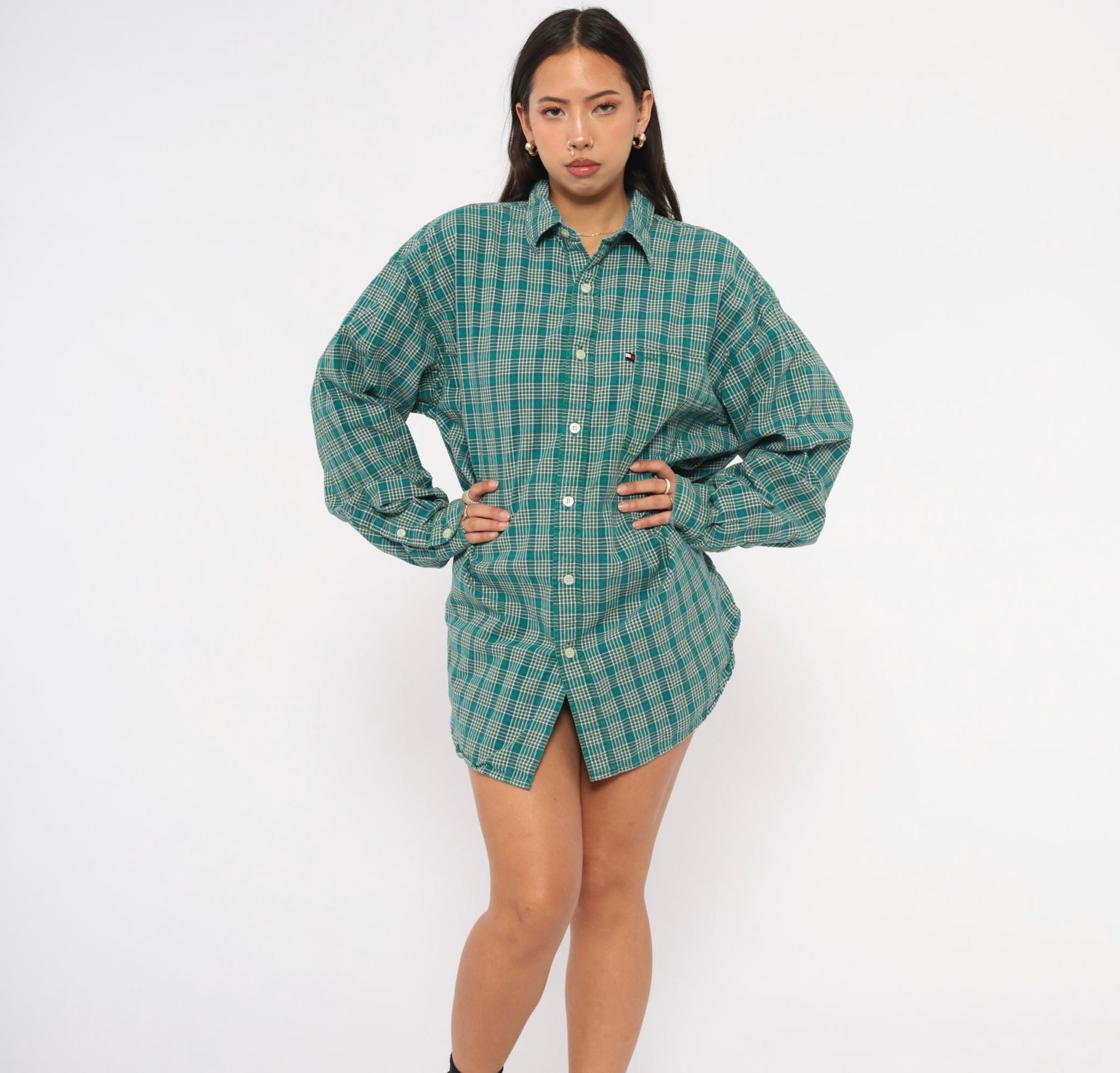 Y2K Tommy Jeans Plaid Flannel Shirt Teal Cotton Button-Up Extra Large