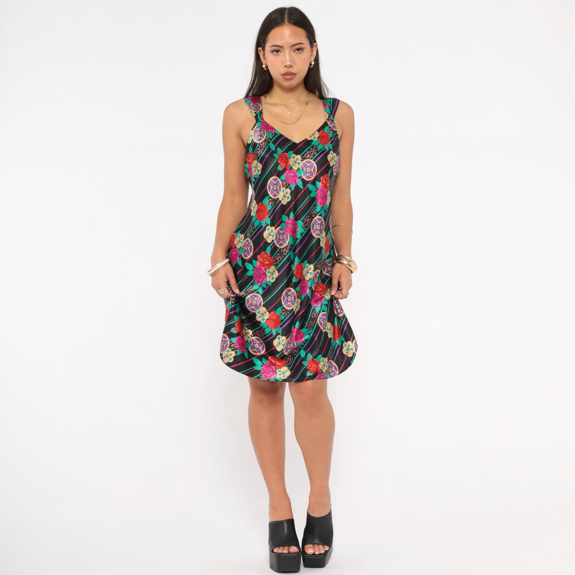 90s Emanuell Floral Medallion Slip Dress Black Fuchsia Teal Knee-Length Medium