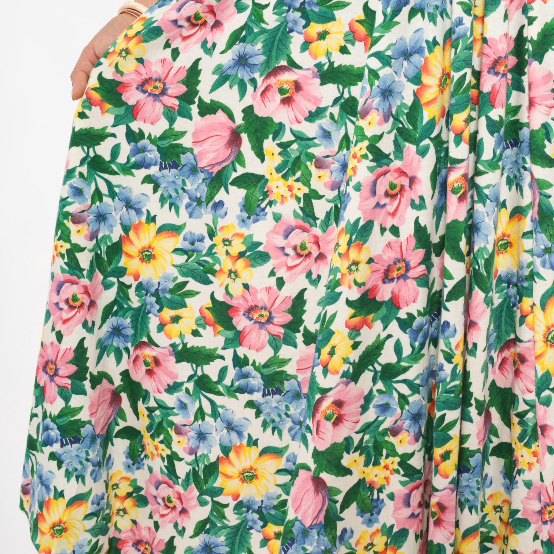 90s Expo Floral Midi Dress Puff Sleeve Lace Collar Cream Multicolor Small