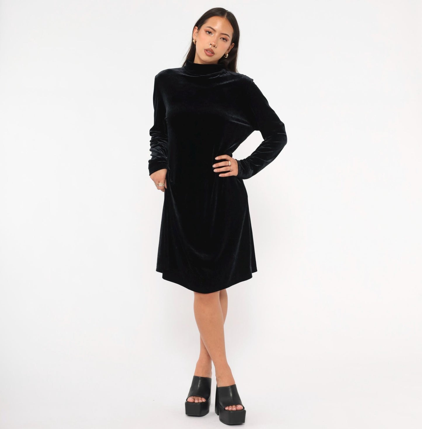 90s Jacqueline Ferrar Black Velvet Swing Dress Mock Neck Long Sleeve Large L