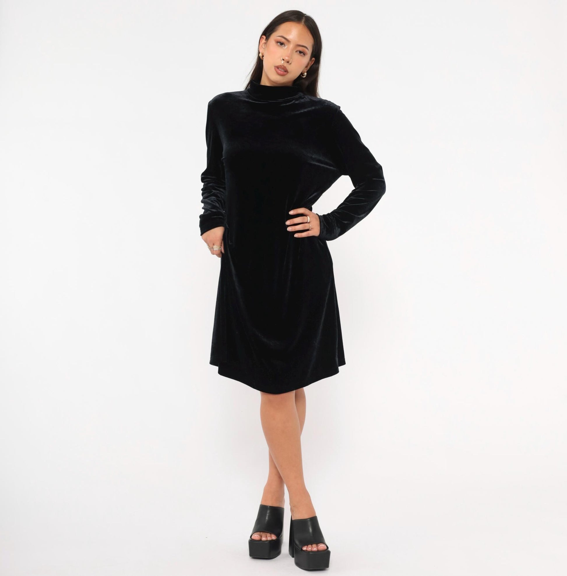 90s Jacqueline Ferrar Black Velvet Swing Dress Mock Neck Long Sleeve Large L