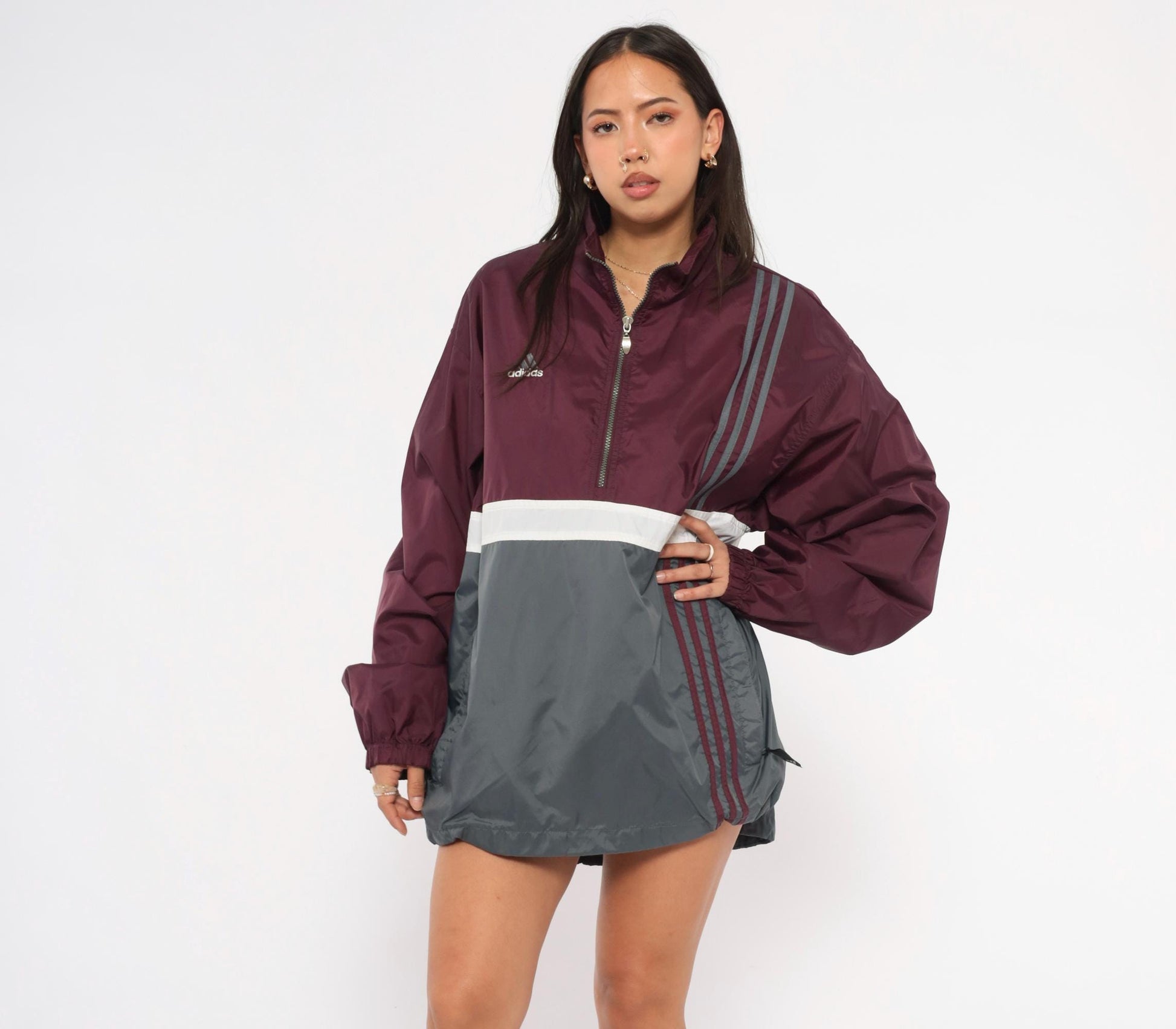 90s Adidas Half-Zip Windbreaker Burgundy Grey Colorblock Nylon Large