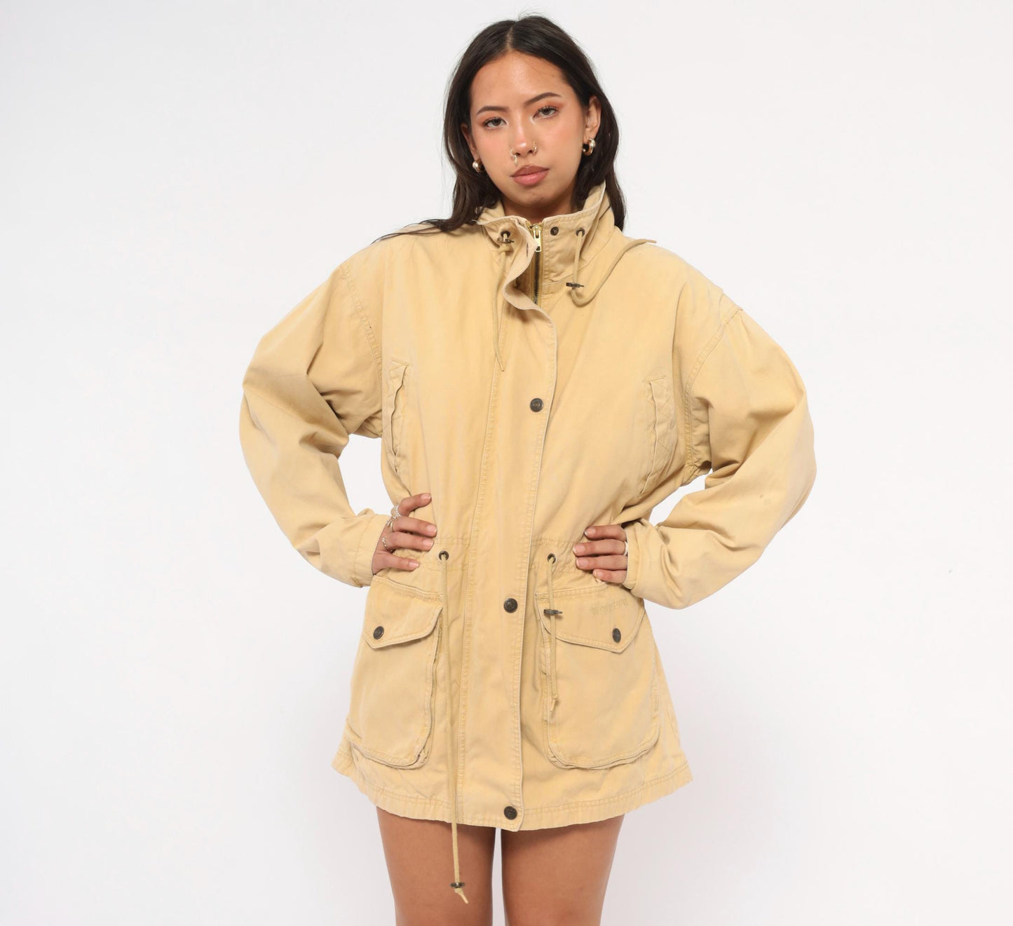 90s World Adventure Wolverine Tan Parka Cargo Jacket High Collar Small Petite