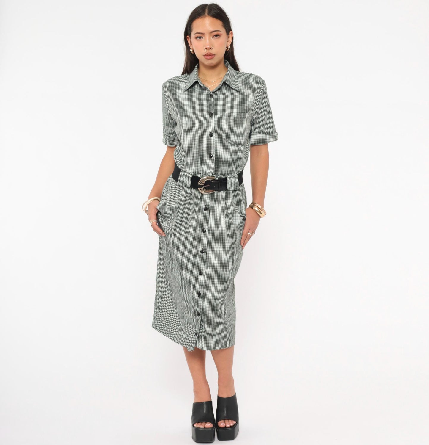 90s Black White Houndstooth Shirt Dress Midi Belted Pencil Skirt Small