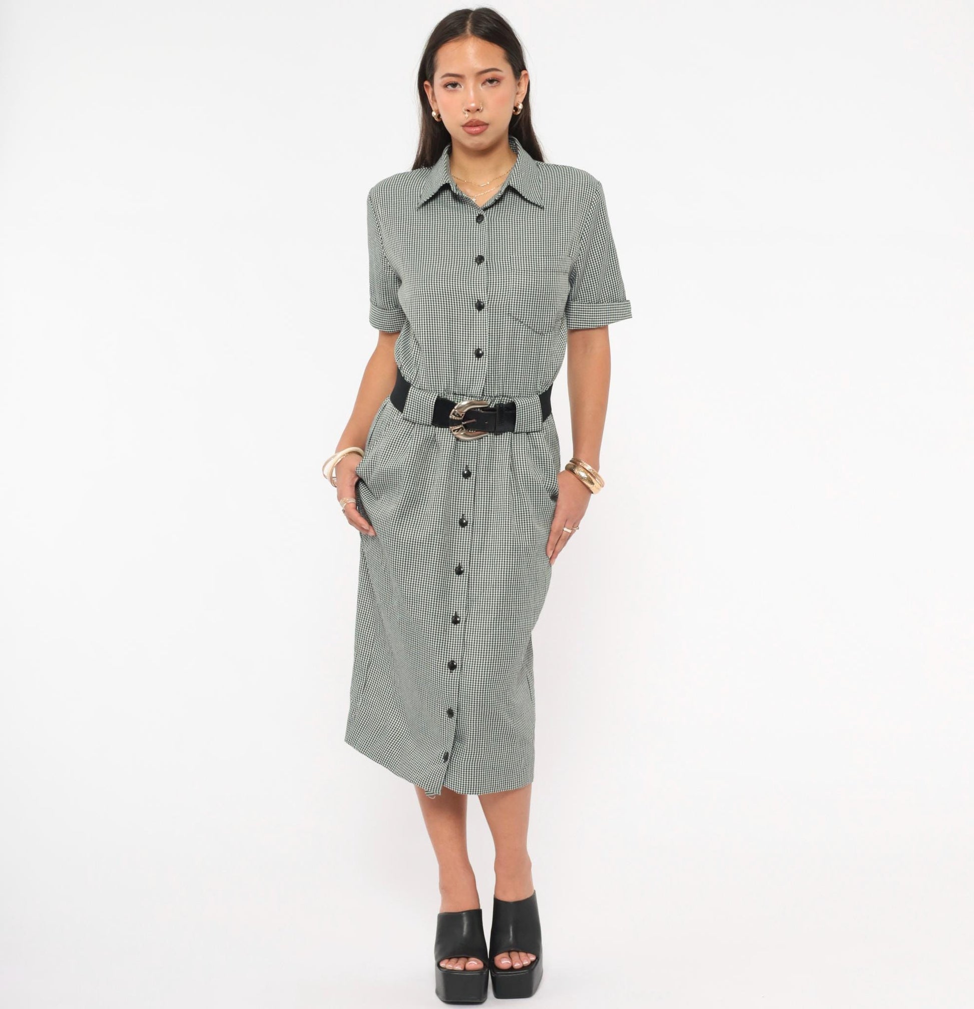 90s Black White Houndstooth Shirt Dress Midi Belted Pencil Skirt Small