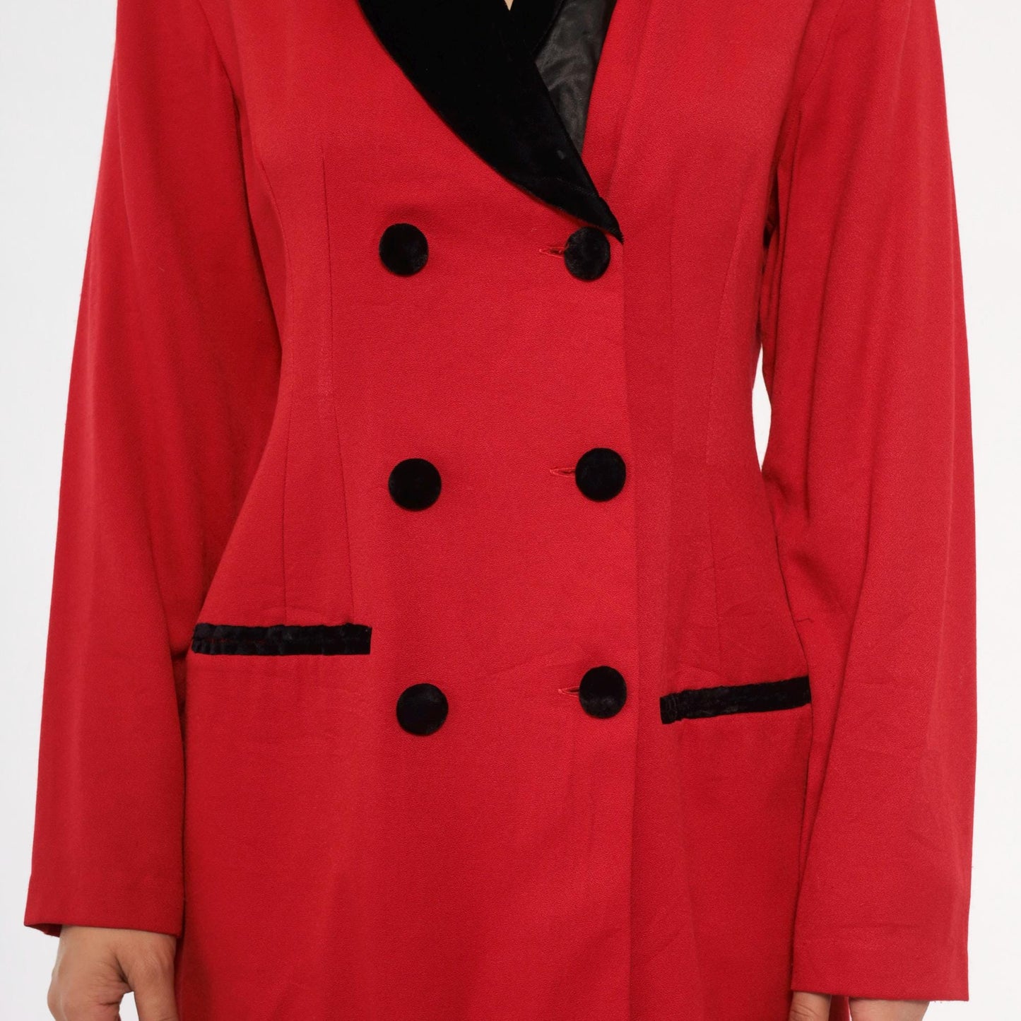90s Scarlett Red Double Breasted Blazer Dress Velvet Collar Knee Length Small