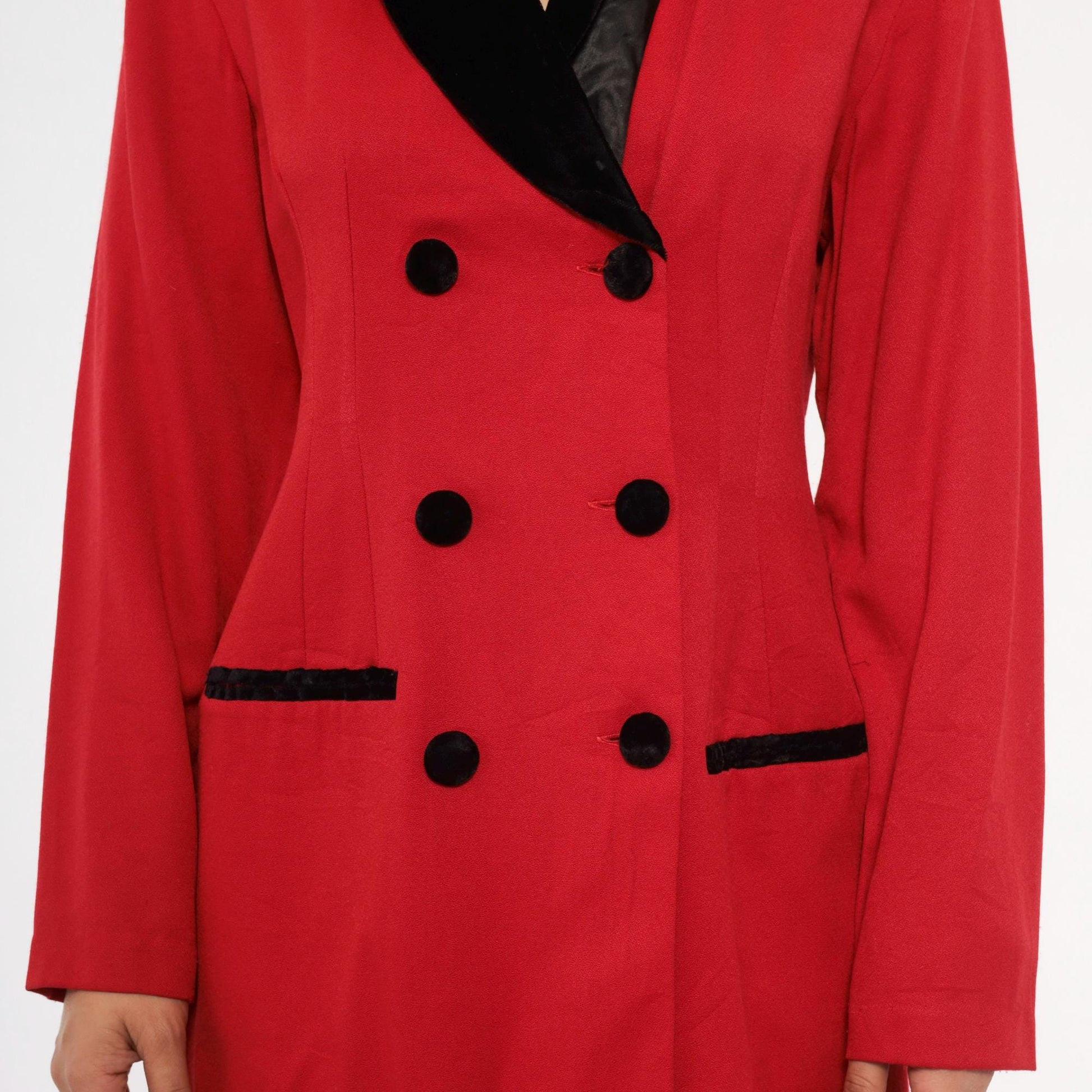 90s Scarlett Red Double Breasted Blazer Dress Velvet Collar Knee Length Small