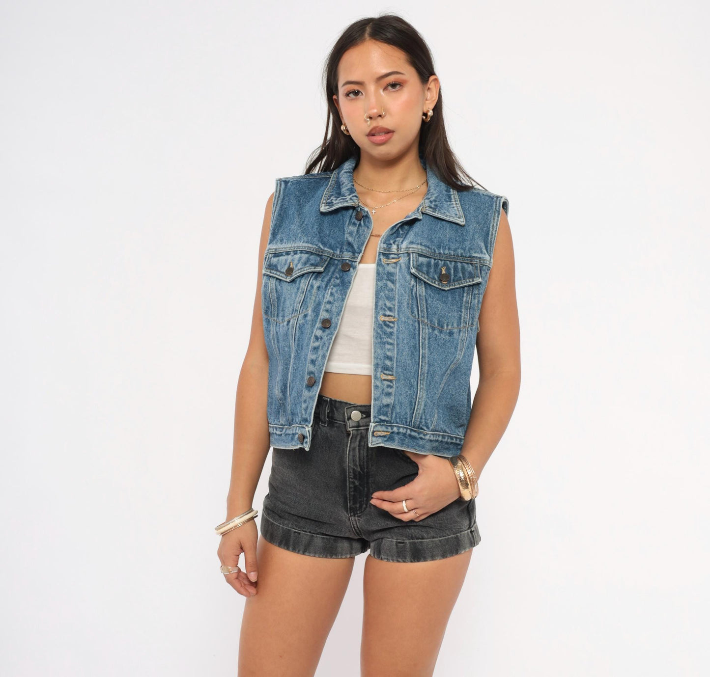 90s Greatland Denim Vest Blue Medium Wash Cotton Spread Collar
