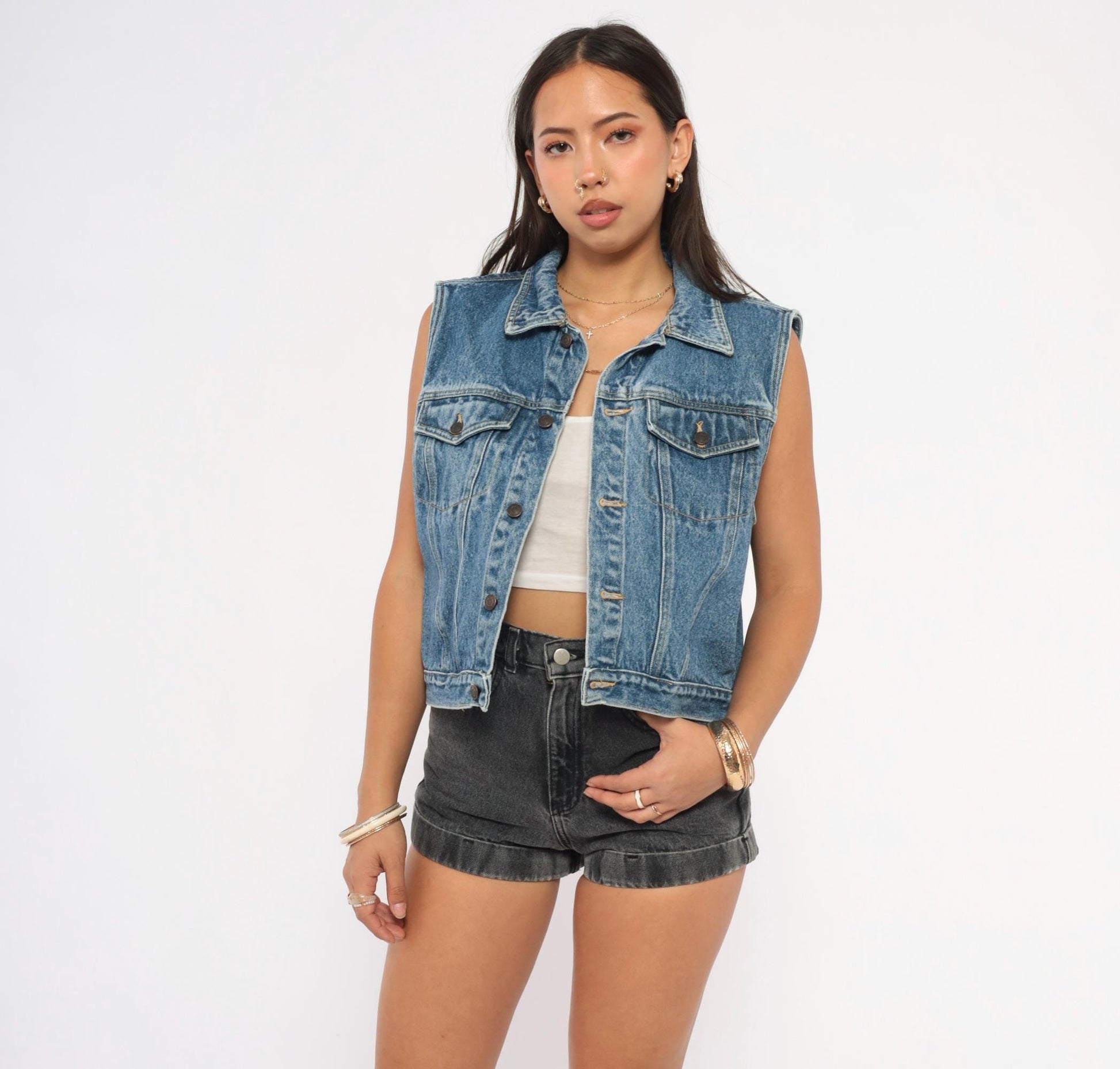 90s Greatland Denim Vest Blue Medium Wash Cotton Spread Collar