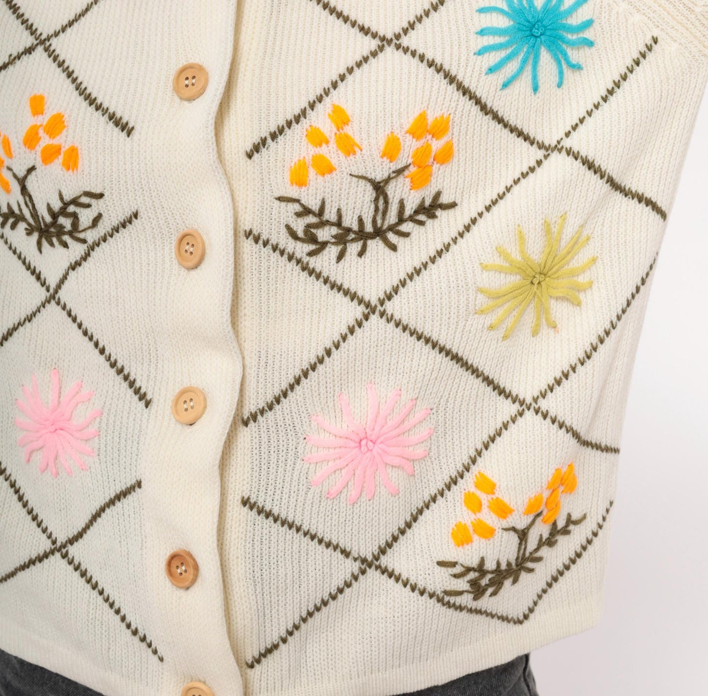 60s Embroidered Floral Cardigan Cream Knit Raglan Wooden Buttons Medium