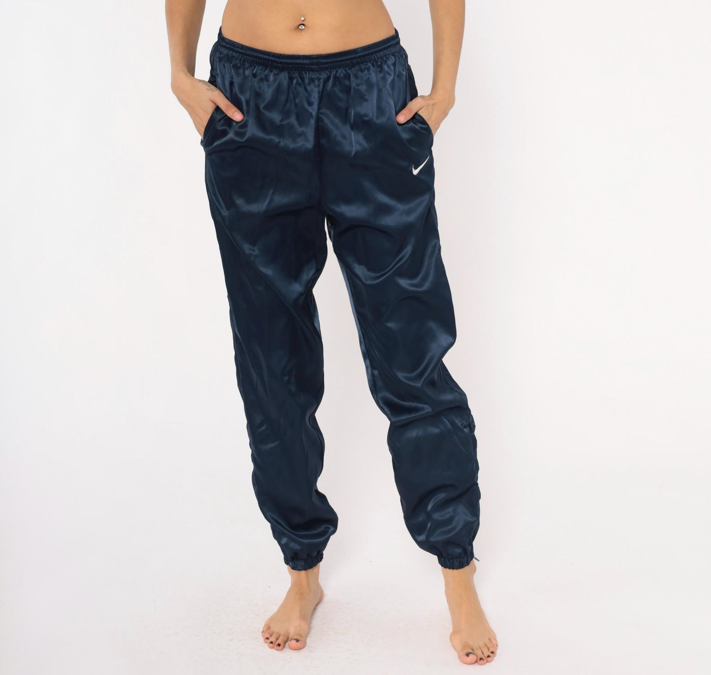 90s Nike Navy Satin Track Pants Swoosh Logo Elastic Waist Small S