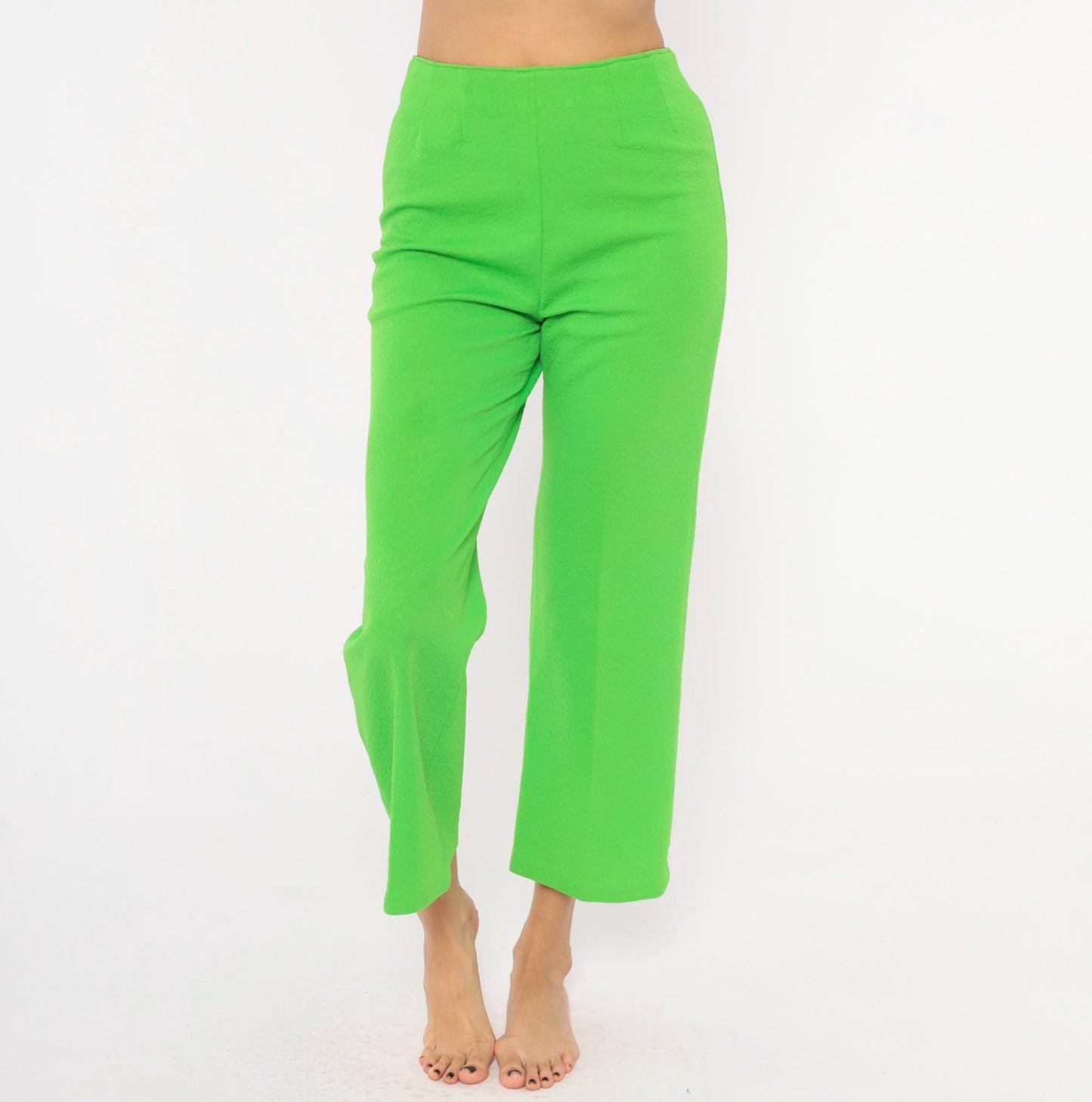 70s Lime Green High-Waist Wide Leg Flare Pants Ankle Length Small S