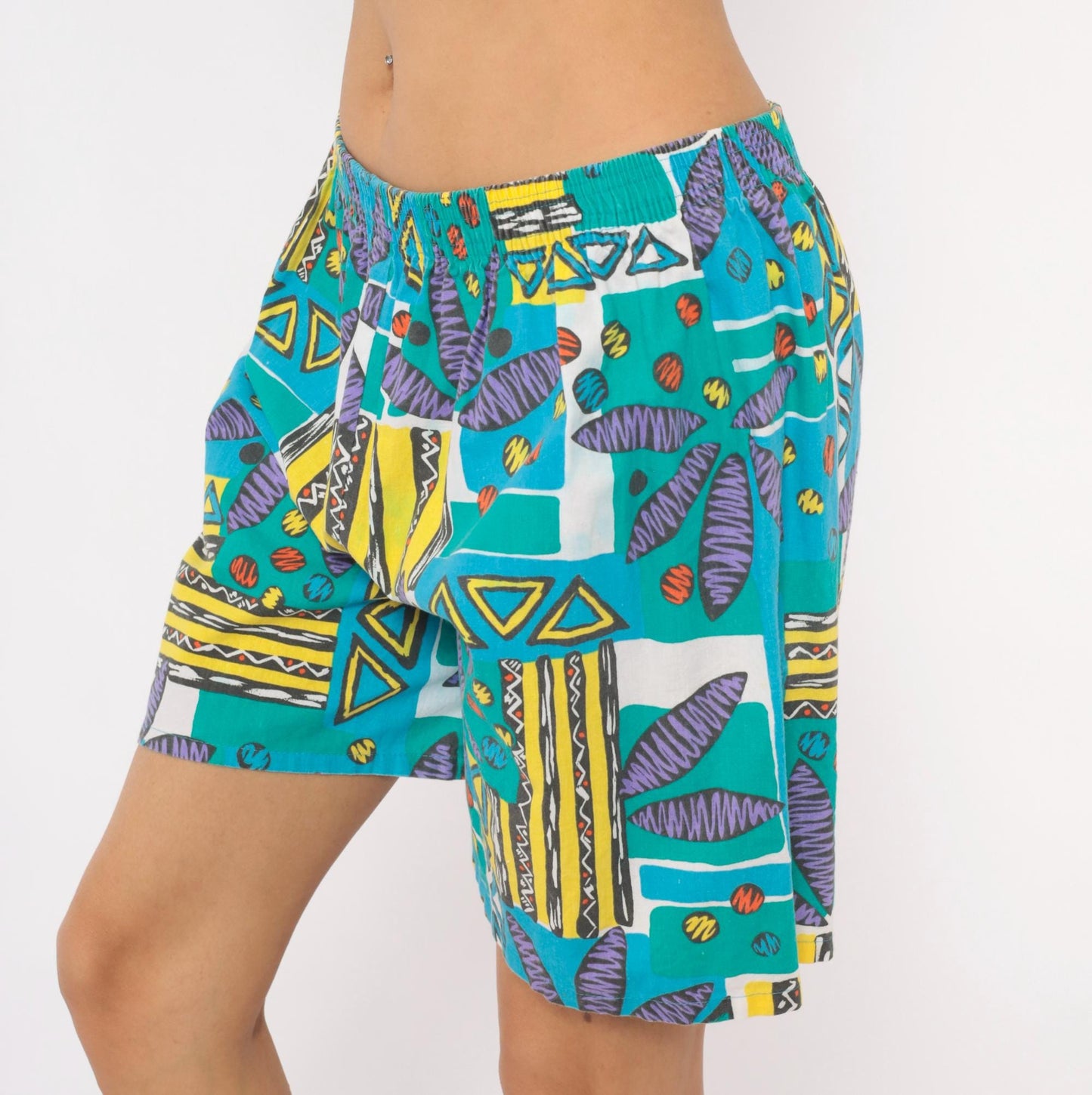 90s Athletic Works Abstract Shorts Teal Purple Geometric Print Cotton Medium