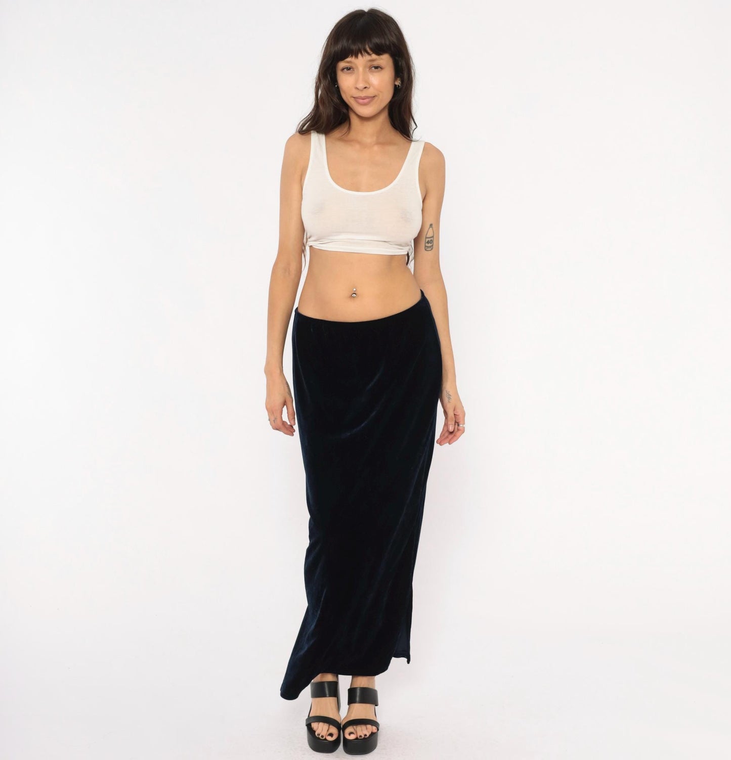 90s Navy Velvet Maxi Skirt Straight Column Ankle Length Medium Large