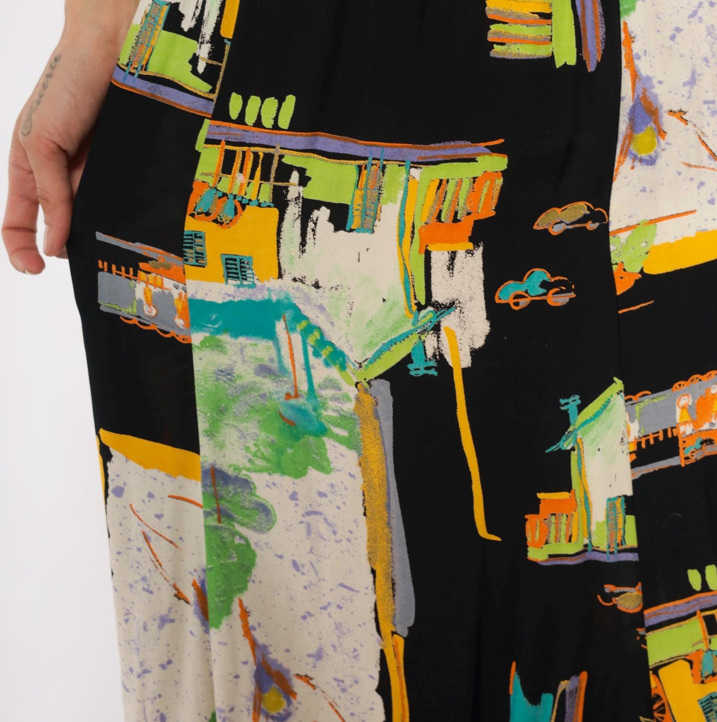 90s Sharon Anthony Maxi Skirt Cityscape Print Black Teal Orange Extra Large