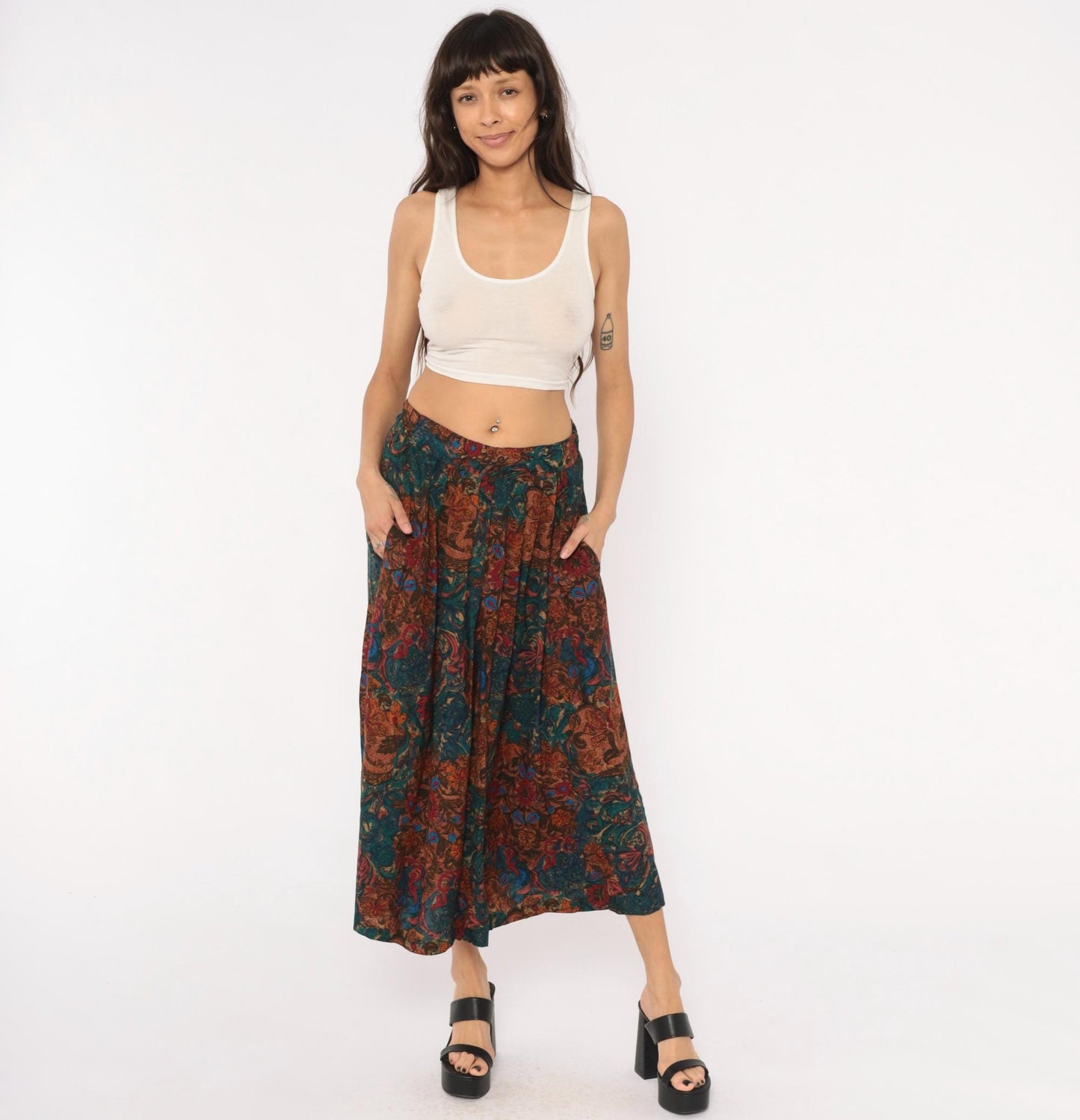 80s Ambiance New York Paisley Pleated Midi Skirt Teal Rust Small