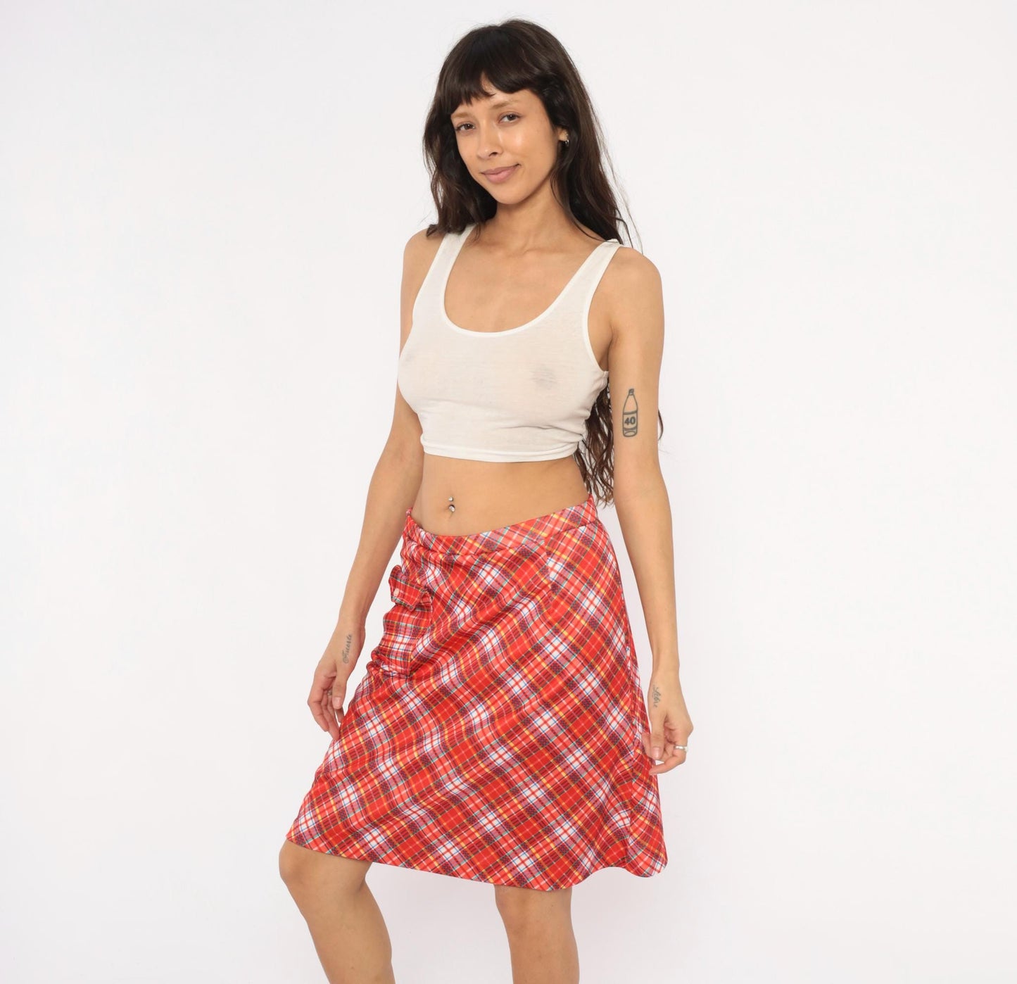 70s Red Tartan Plaid Skort A-Line Knee Length Built-In Shorts Medium Large