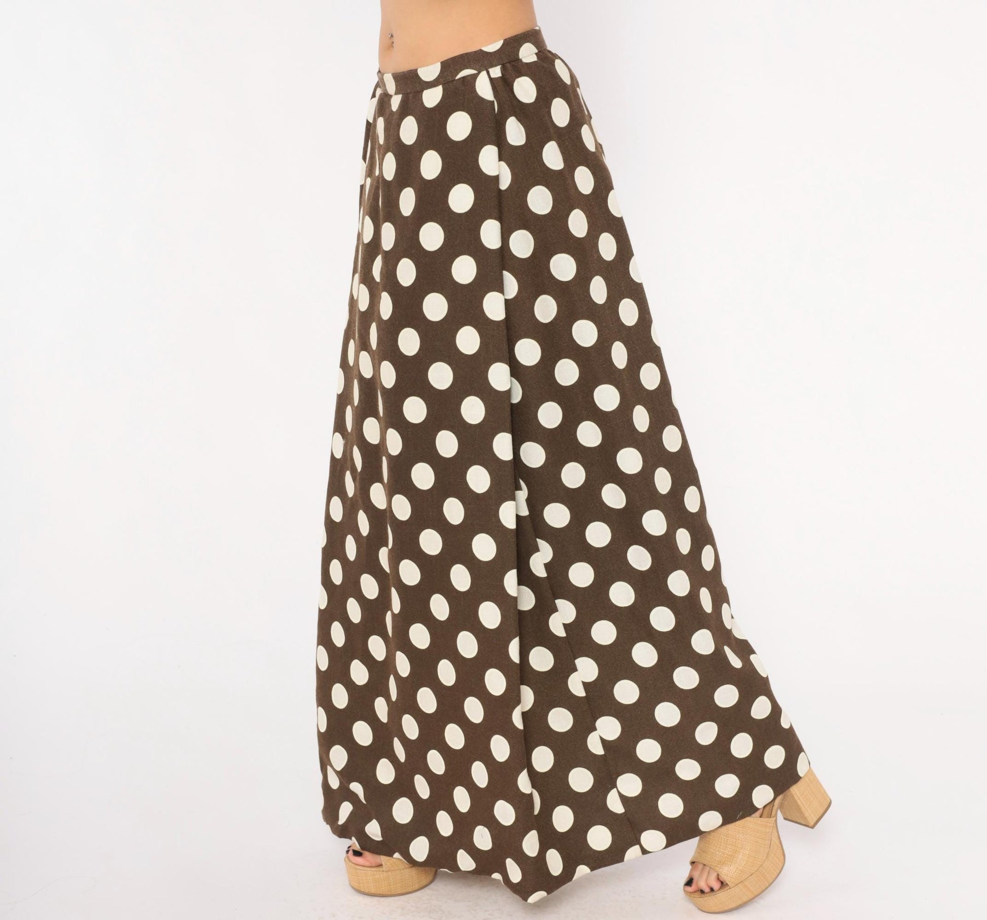 70s Brown Cream Polka Dot Maxi Skirt A-Line Cotton Gathered Waist Medium