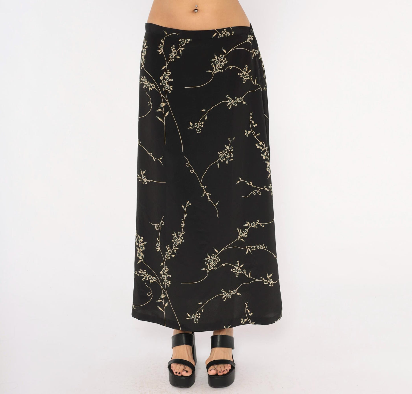 90s Studio C Cherry Blossom Maxi Skirt Black Tan Floral Elastic Waist Extra Large