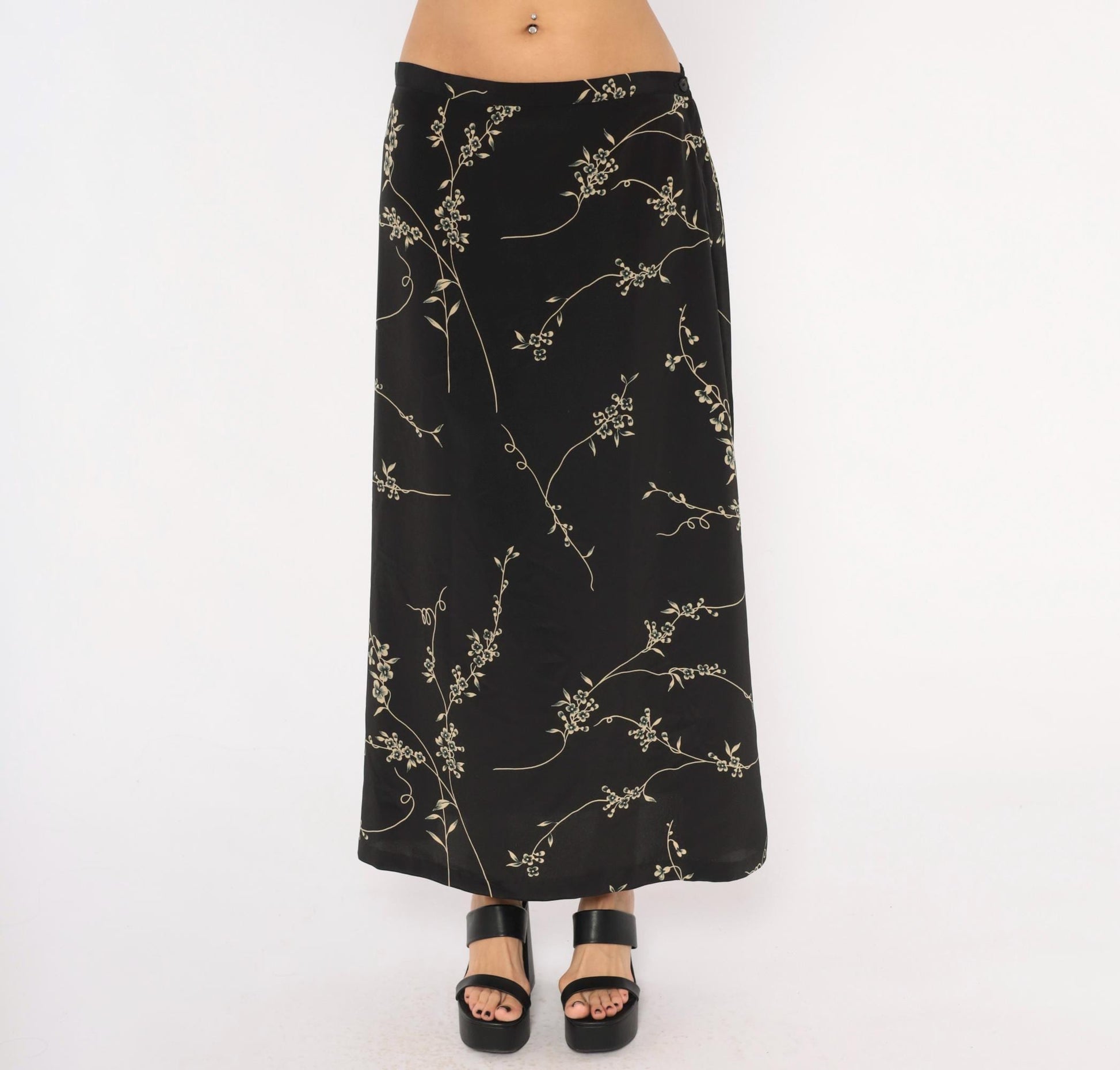 90s Studio C Cherry Blossom Maxi Skirt Black Tan Floral Elastic Waist Extra Large