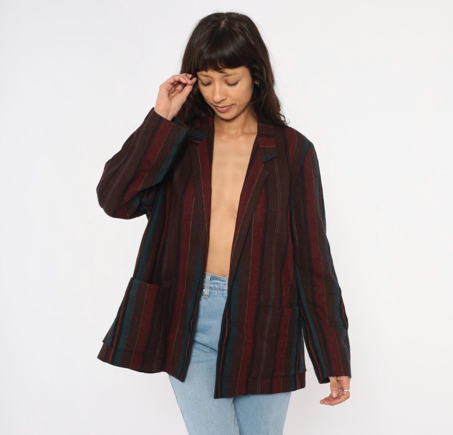 80s Koret Wool Blazer Burgundy Teal Striped Herringbone Notched Lapel Medium Large