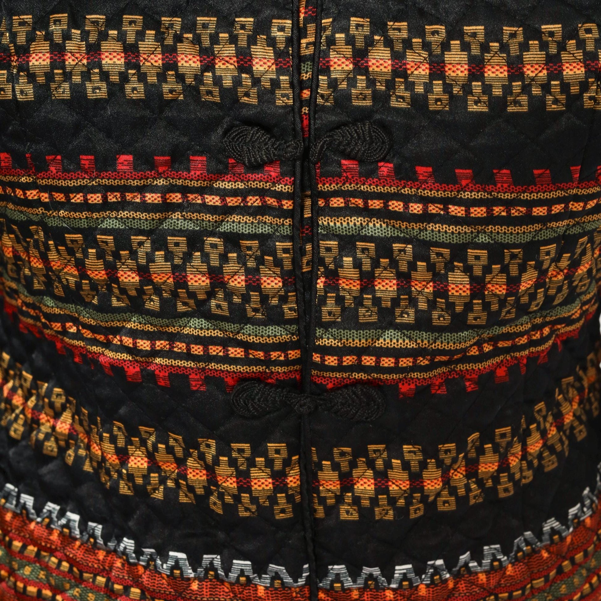 90s Juno Esque Quilted Jacket Mandarin Collar Tribal Stripe Black Gold Red Small