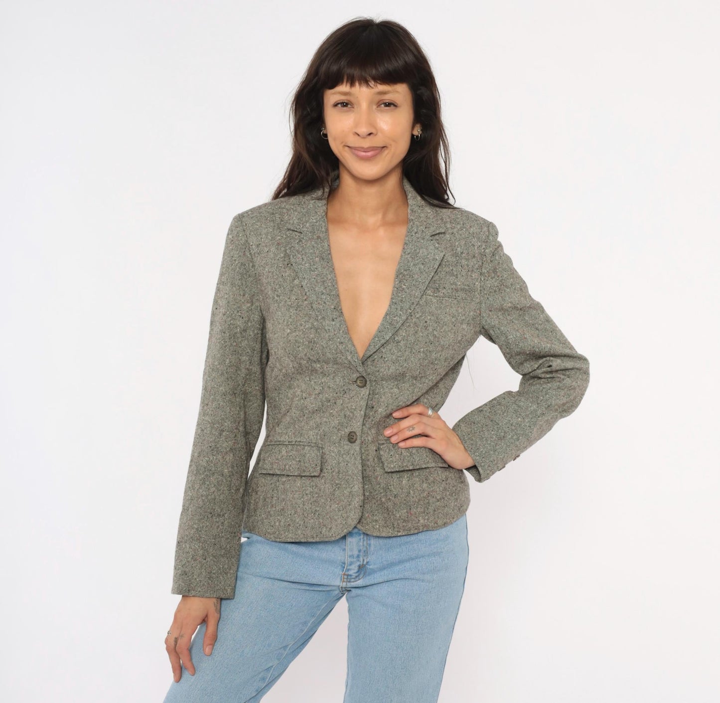 80s Pendleton Tweed Blazer Grey Wool Notched Lapel Fitted Small S