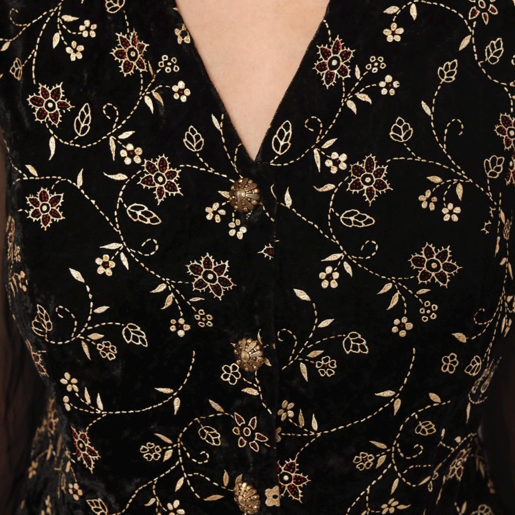 90s Another Thyme Black Velvet Blouse Gold Floral Embroidery Peplum Small
