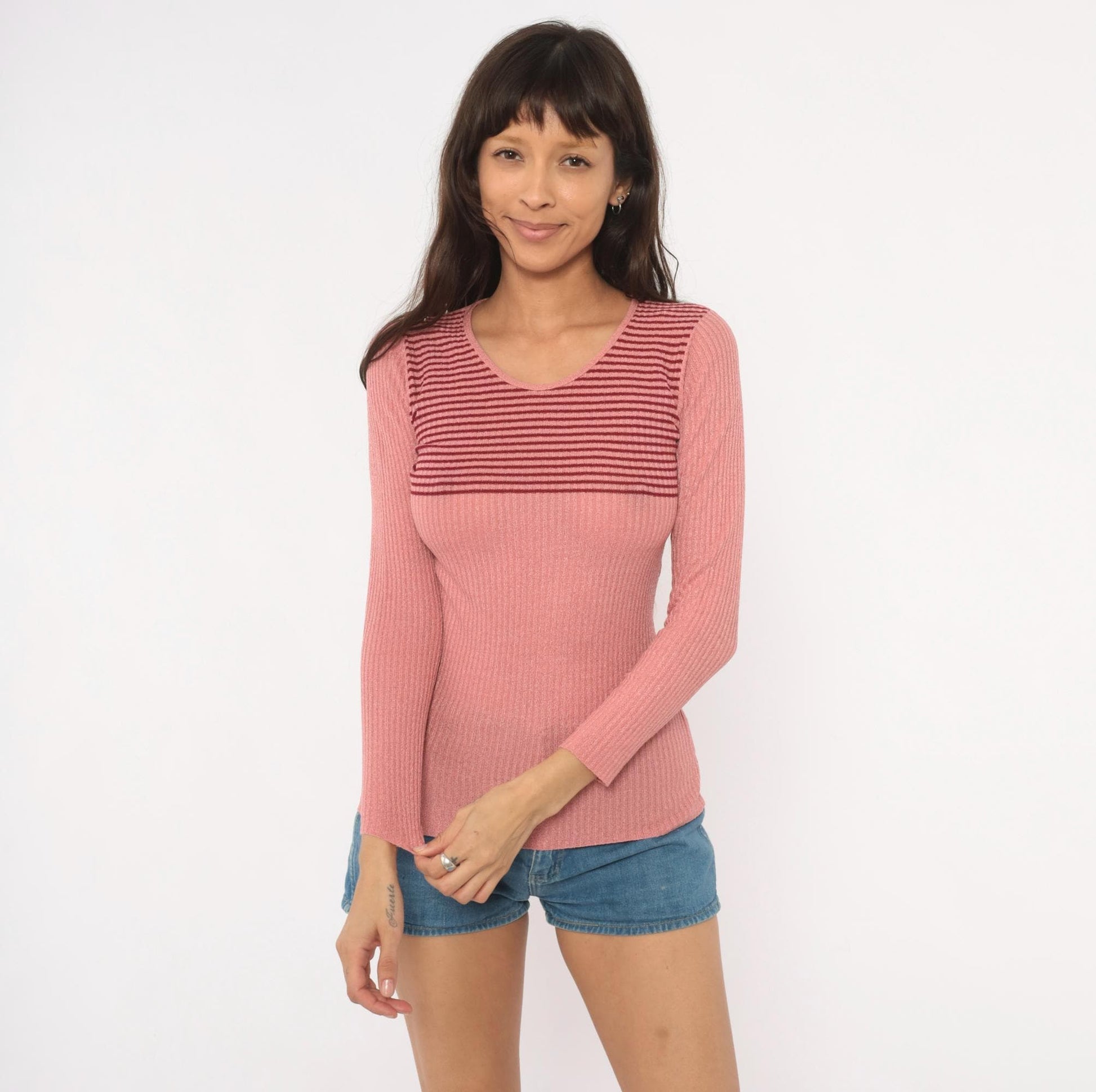 70s Marbella Knits Rose Pink Striped Ribbed Pullover Sweater Small