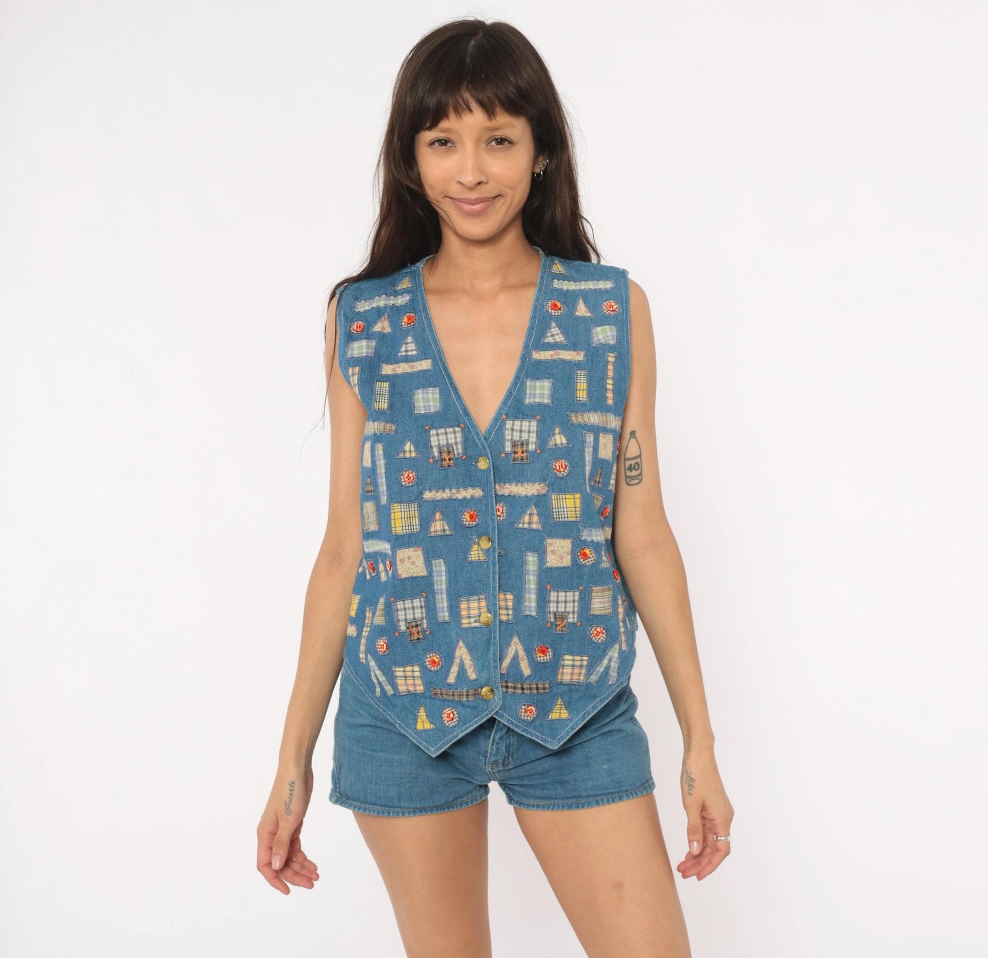 90s New Identity Patchwork Denim Vest Applique Plaid Floral Blue Extra Large XL