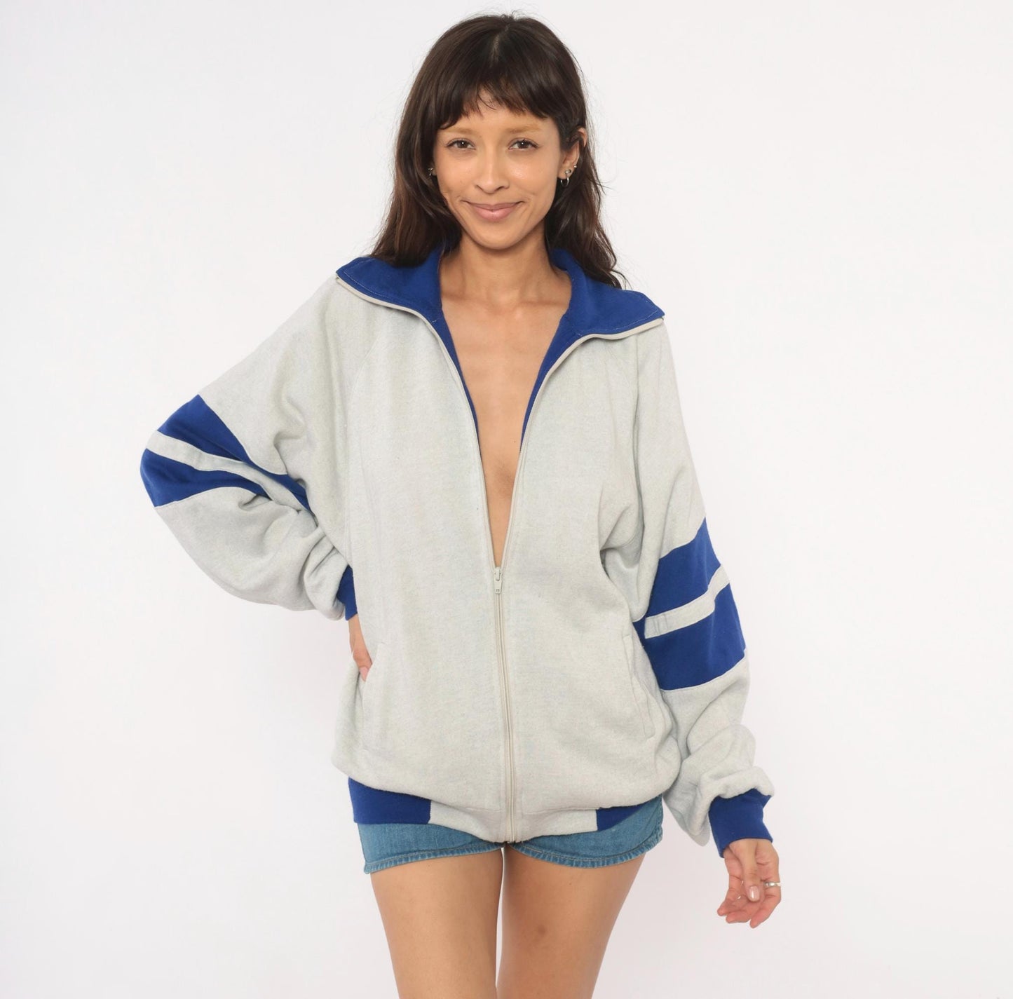 80s Omni LTD Colorblock Zip Sweatshirt Grey Cobalt Striped Large L