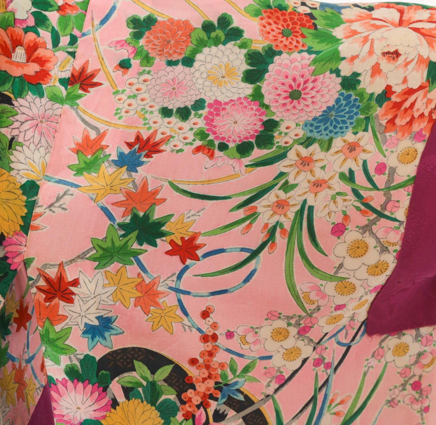 70s Silk Kimono Robe Pink Magenta Floral Chrysanthemum Butterfly Print Small S