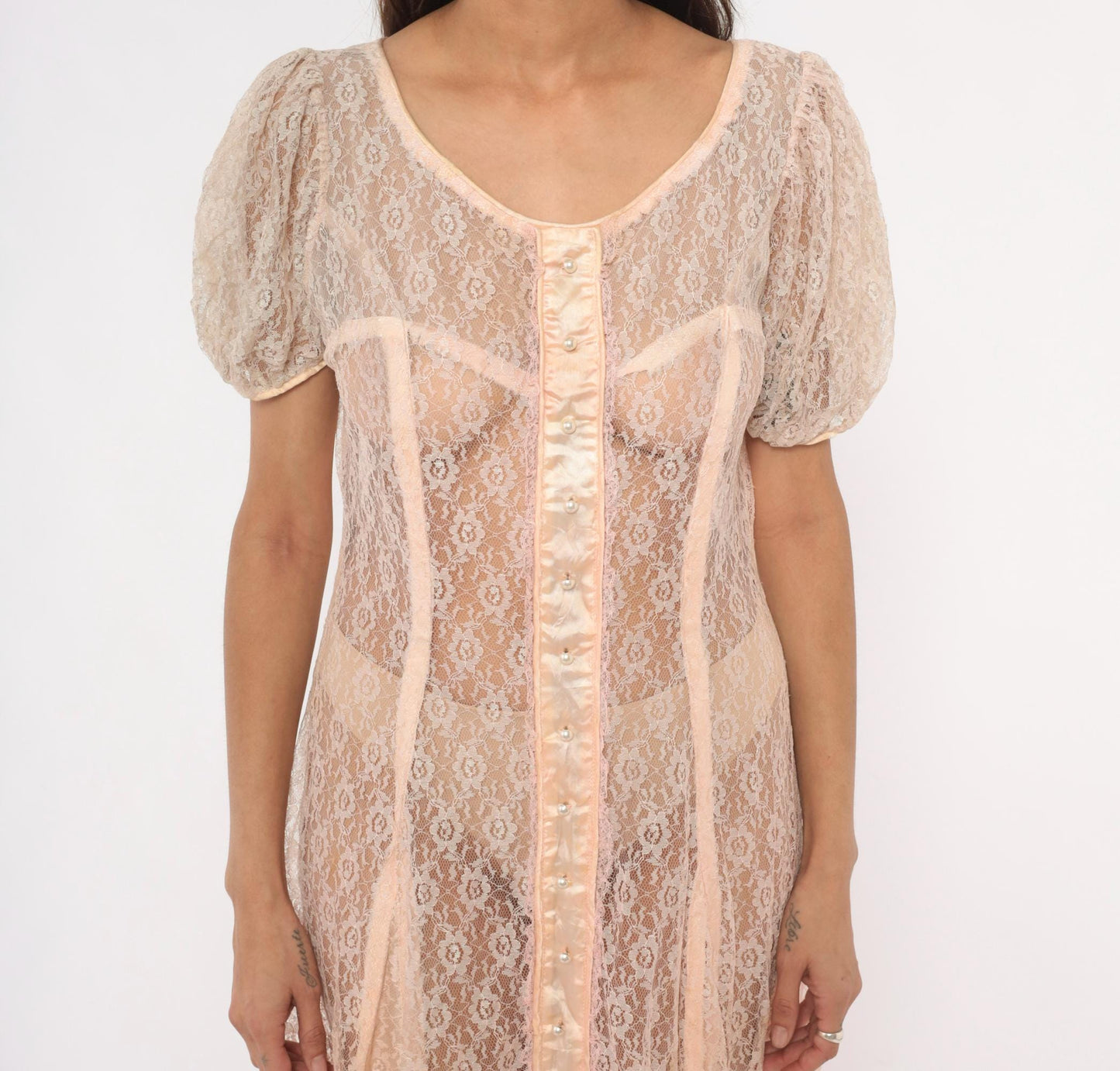 1950s Blush Pink Sheer Lace Maxi Gown Puff Sleeve Corset Bodice Large L