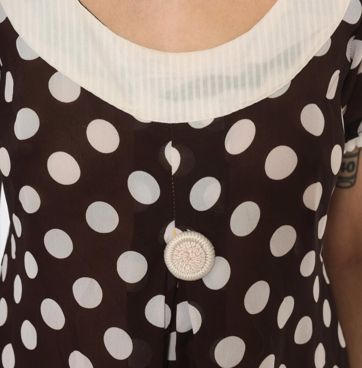 Y2K Polka Dot Babydoll Dress Brown Cream Pom Pom Trim Shift Mini Medium M