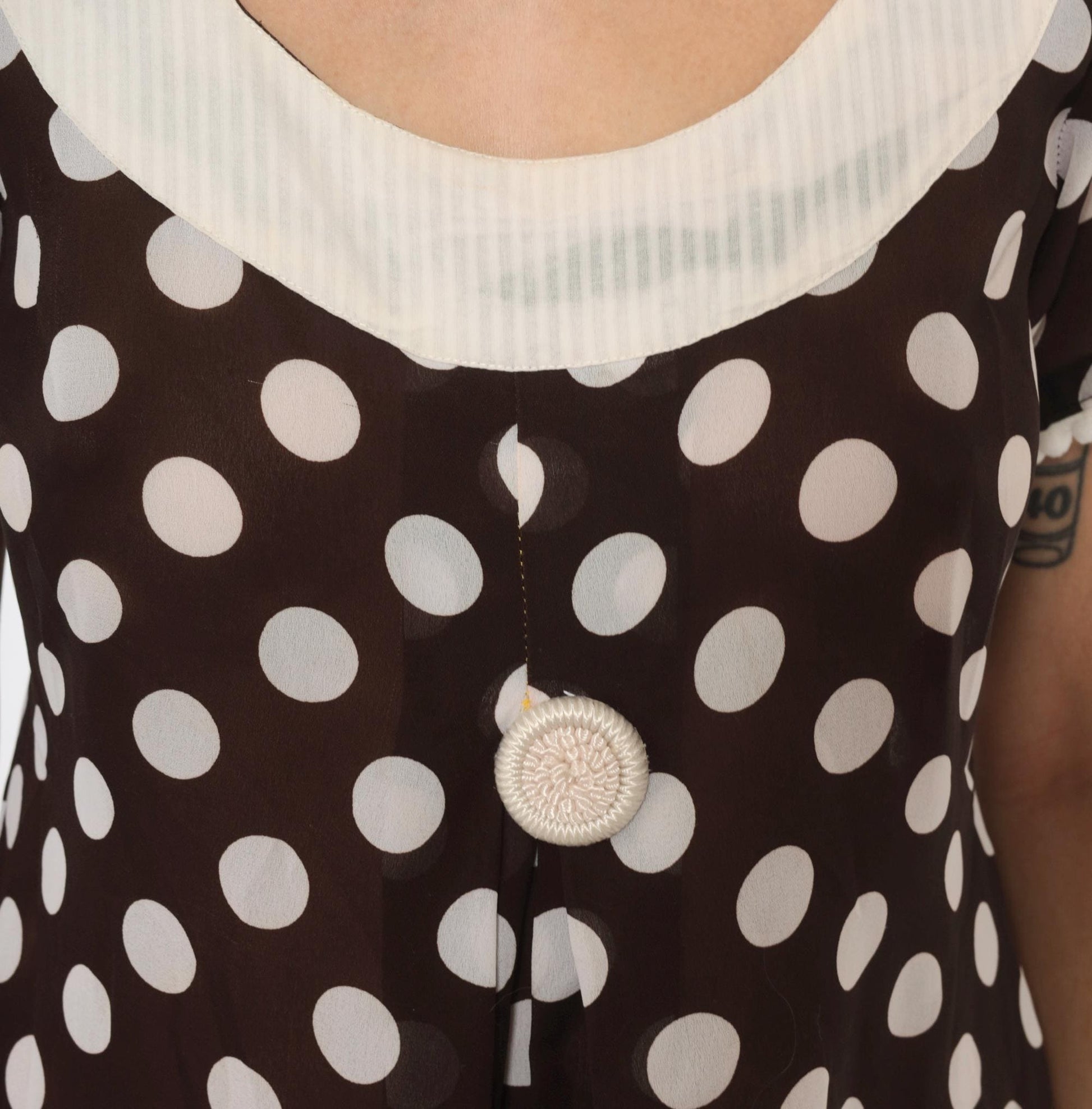 Y2K Polka Dot Babydoll Dress Brown Cream Pom Pom Trim Shift Mini Medium M