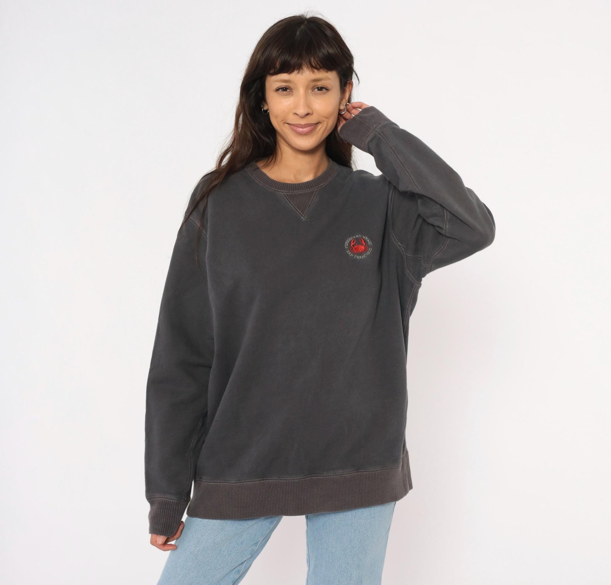 90s Crazy Shirts Fisherman's Wharf San Francisco Crab Embroidered Sweatshirt Charcoal Grey Medium M