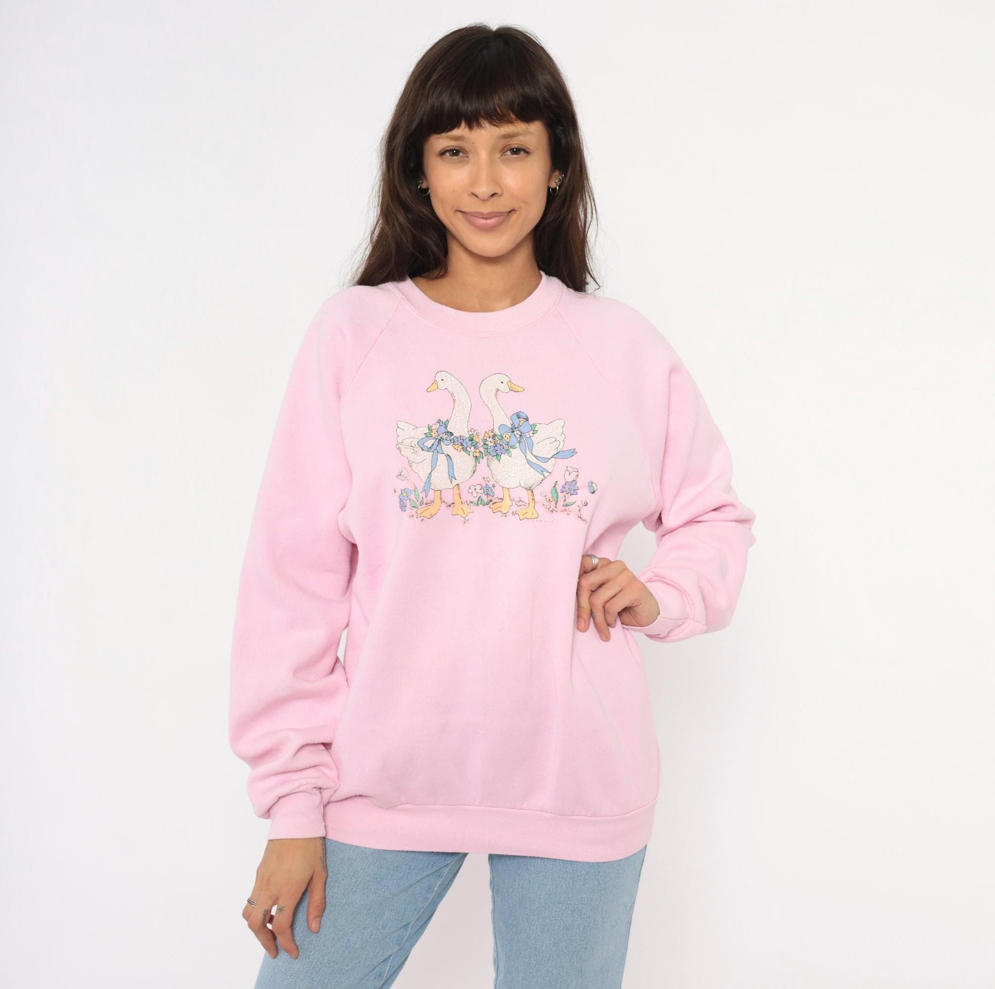 90s Pink Geese Crewneck Sweatshirt Raglan Sleeve Floral Graphic Cotton Large L