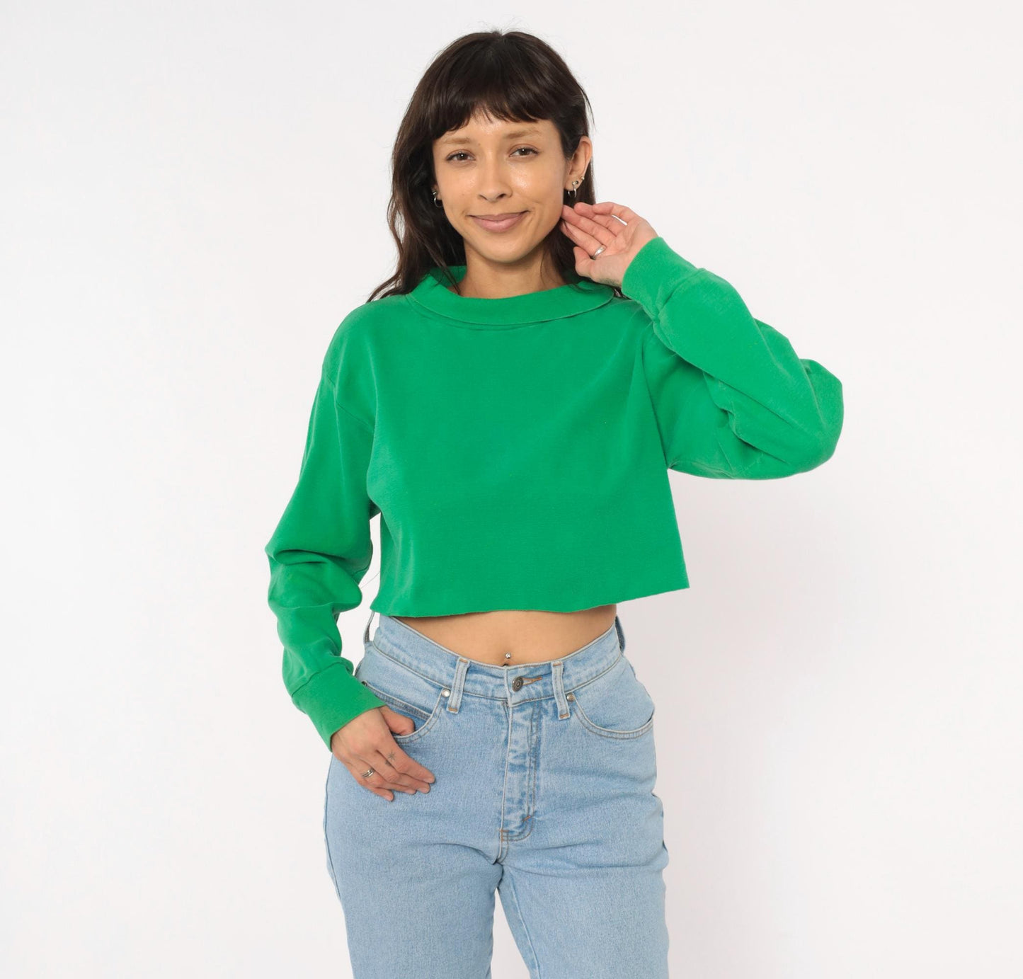 70s Flight Deck Crew Cropped Sweatshirt Kelly Green Cotton Pullover Medium