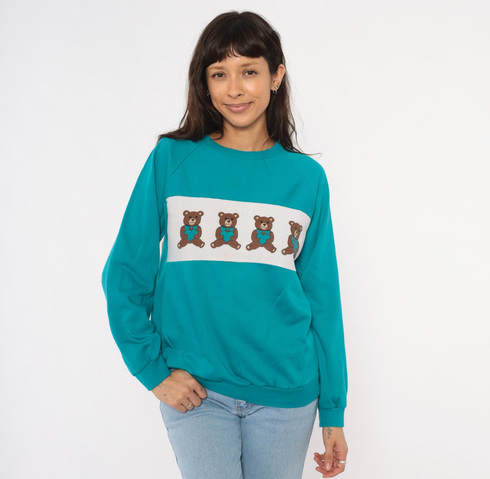 90s Teddy Bear Teal Crewneck Sweatshirt White Colorblock Raglan Medium
