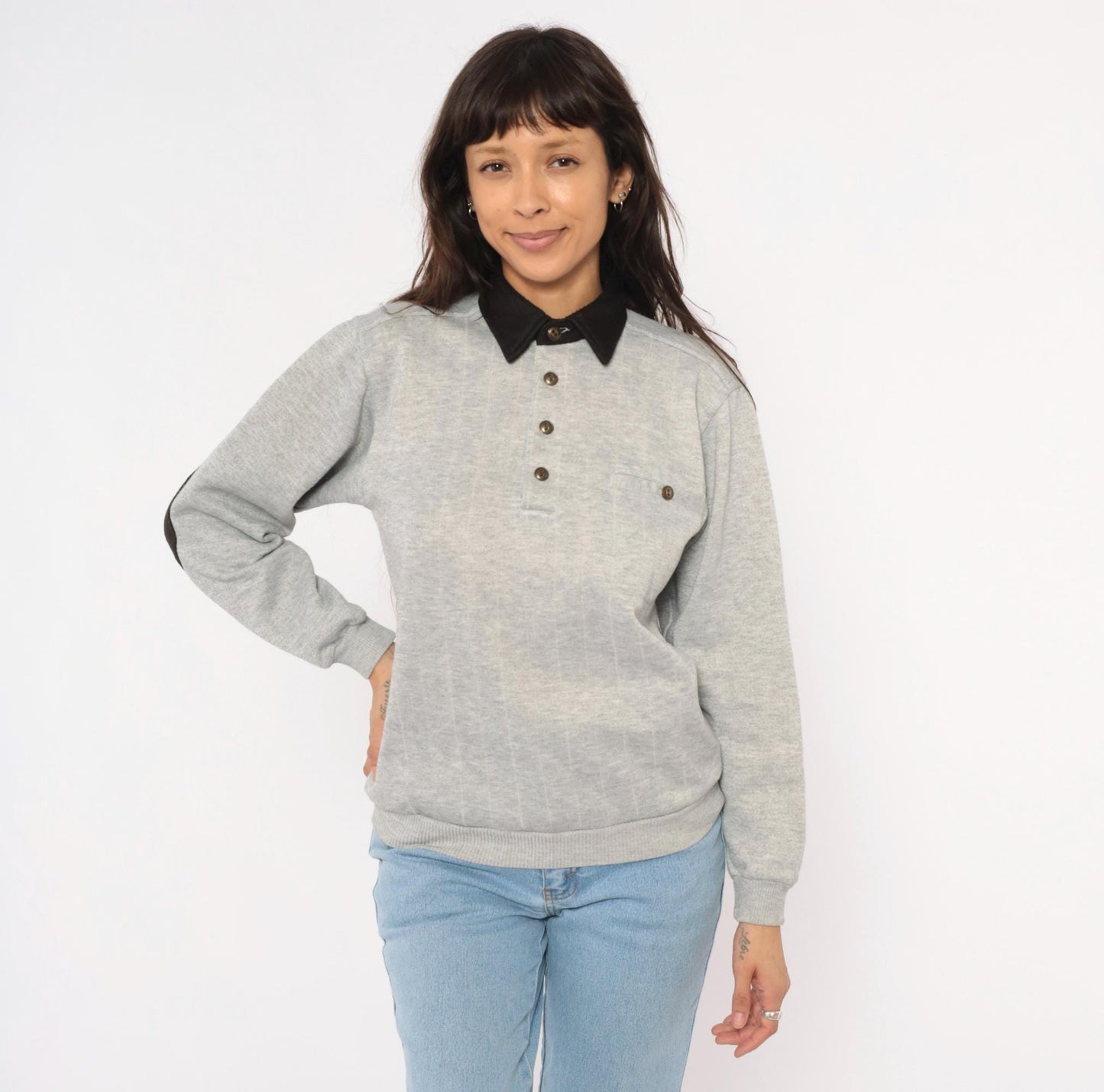 90s Scandia Woods Henley Sweatshirt Black Collar Elbow Patch Grey Small