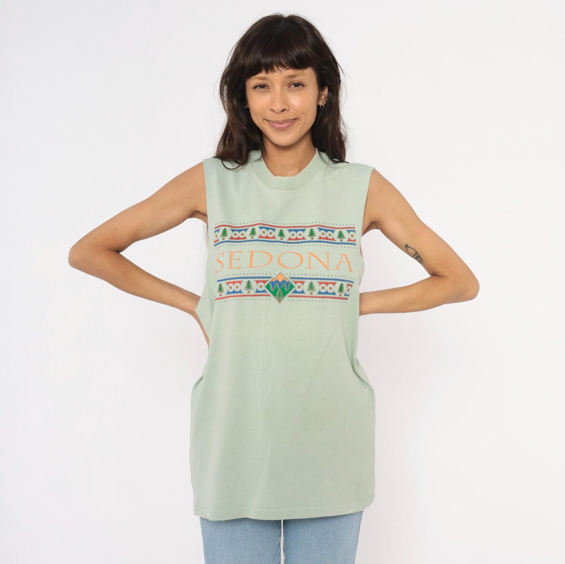 90s Anvil Sedona Arizona Sage Green Cotton Tank Top Graphic Mountain Tree Extra Large XL