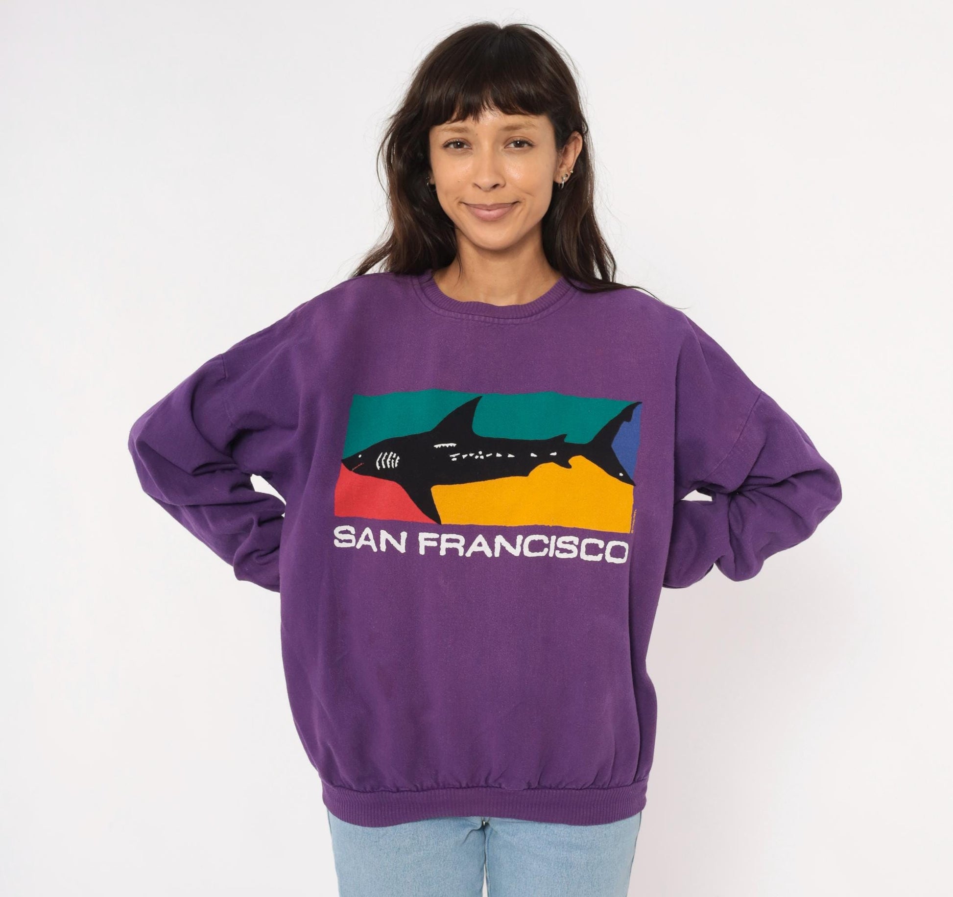 90s Crazy Shirt San Francisco Shark Colorblock Sweatshirt Purple Medium