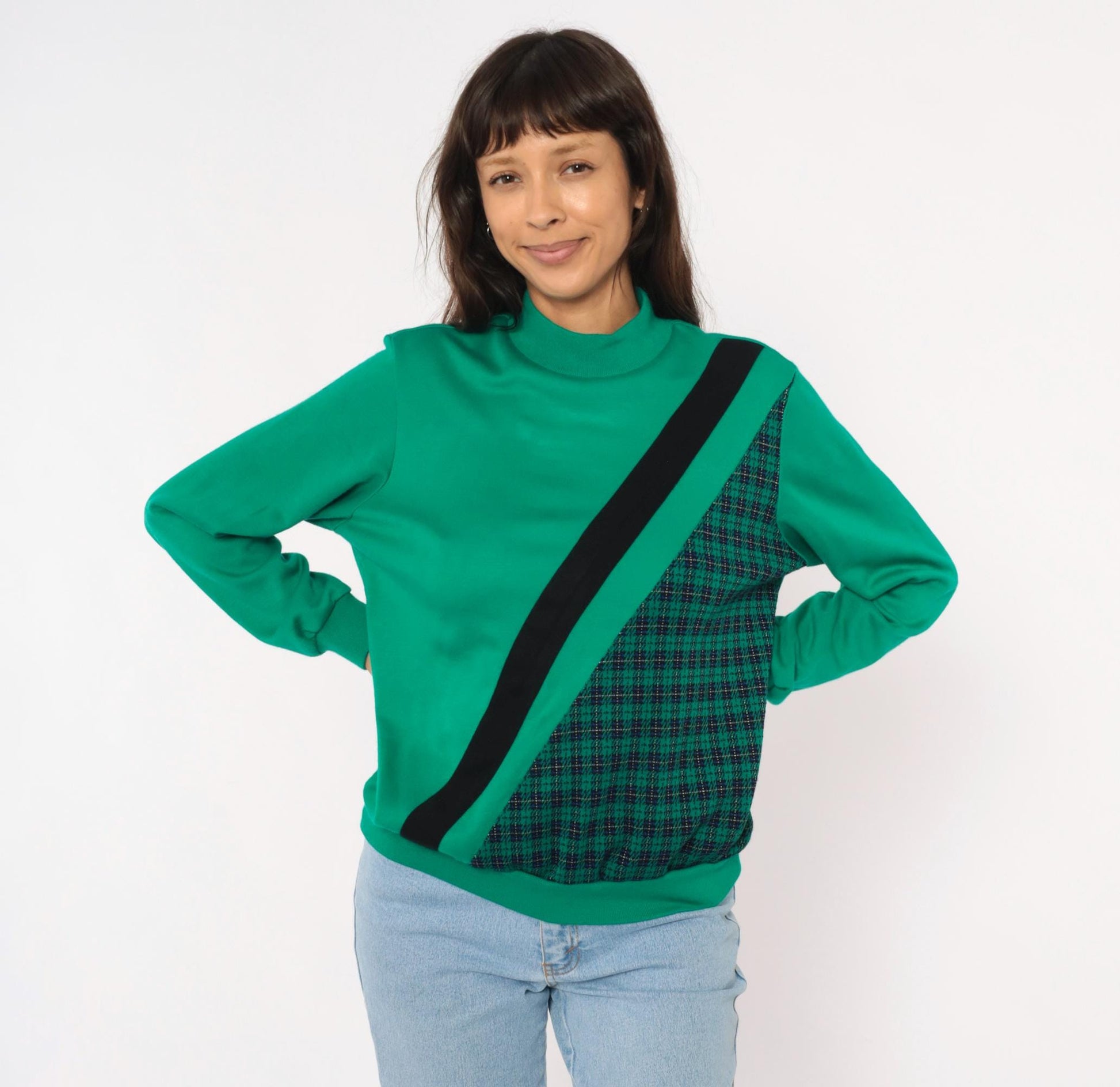 80s Alfred Dunner Mock Neck Sweatshirt Green Houndstooth Plaid Panel Small