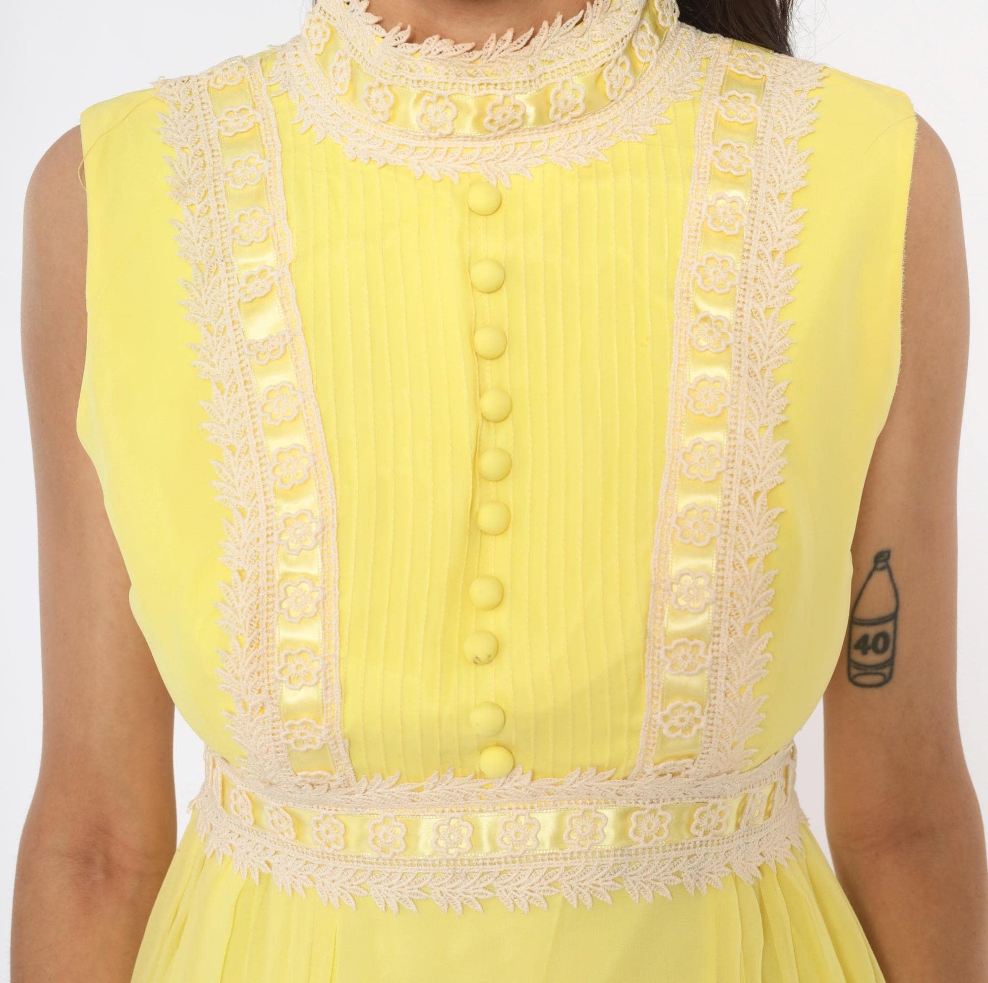 1970s Yellow Chiffon Mini Dress Lace Trim Mock Neck Pintuck Bodice Small