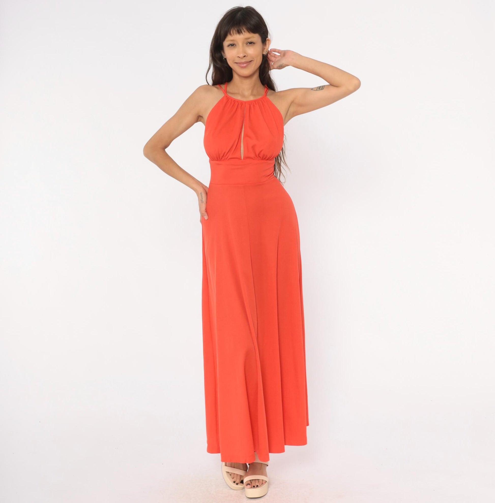 70s Misty Lane Coral Halter Maxi Dress Keyhole Neckline Extra Small XS