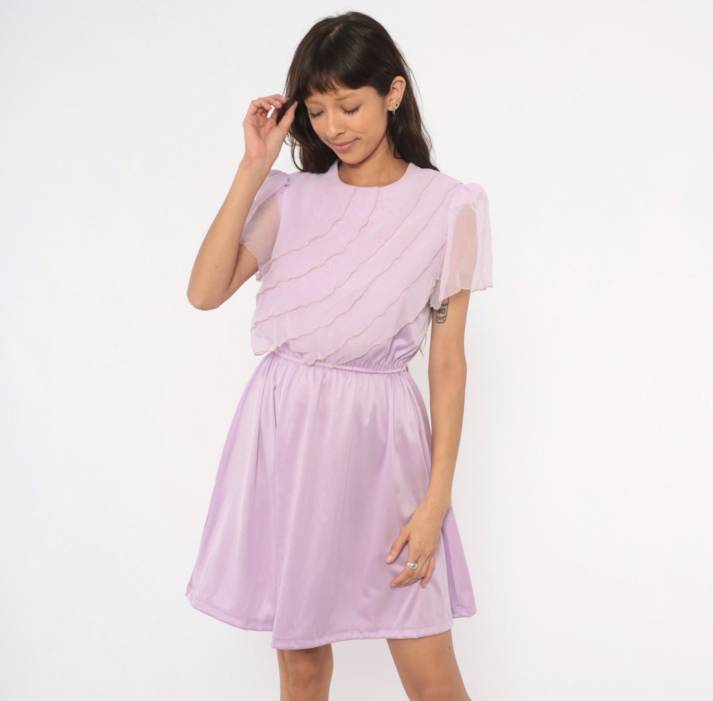 70s Lilac Chiffon Dress Flutter Sleeve Ruffle Bodice Knee-Length Small Medium