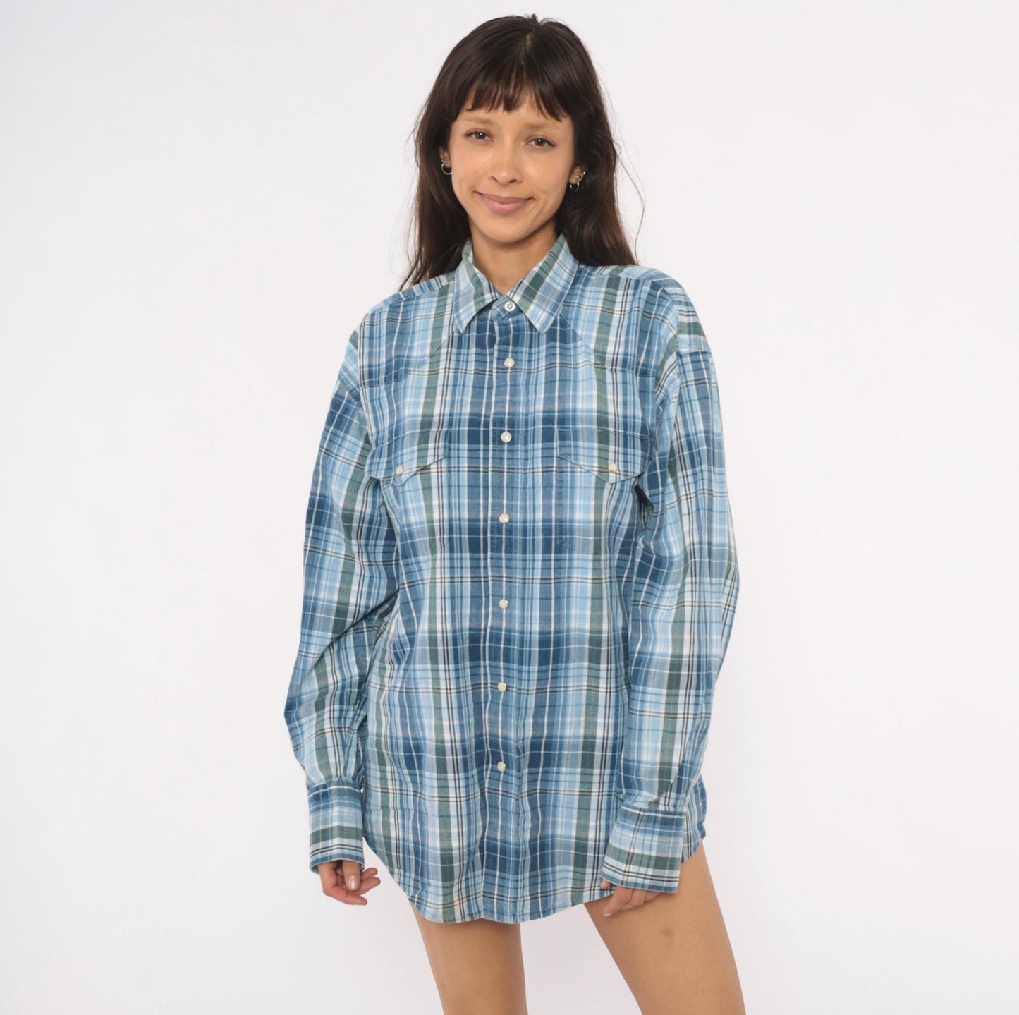 Y2K Wrangler Western Plaid Pearl Snap Shirt Blue Green XXL