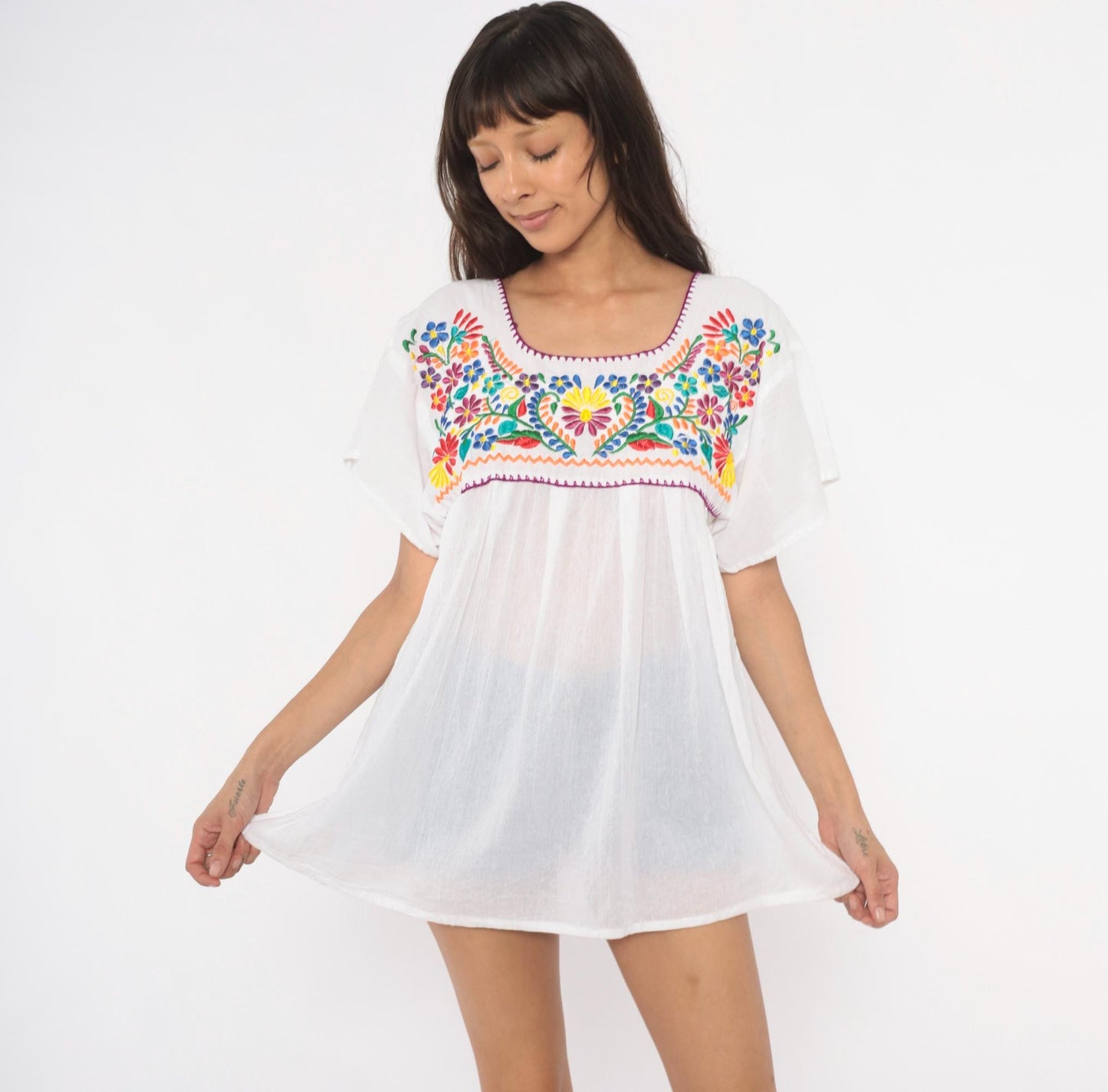 90s Mexican Embroidered Floral Blouse White Cotton Scoop Neck Large